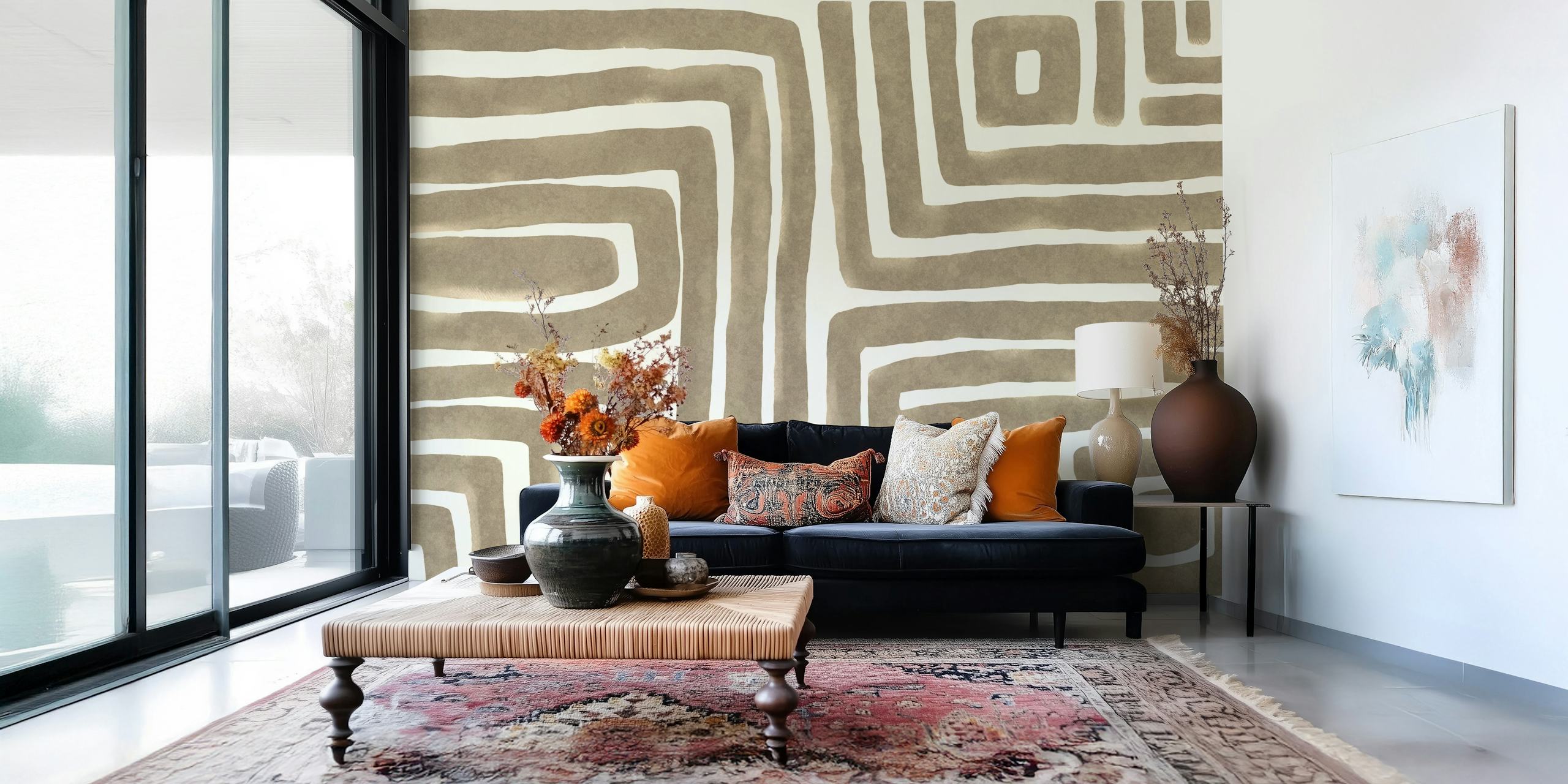 Beige abstract maze pattern with thick lines wallpaper