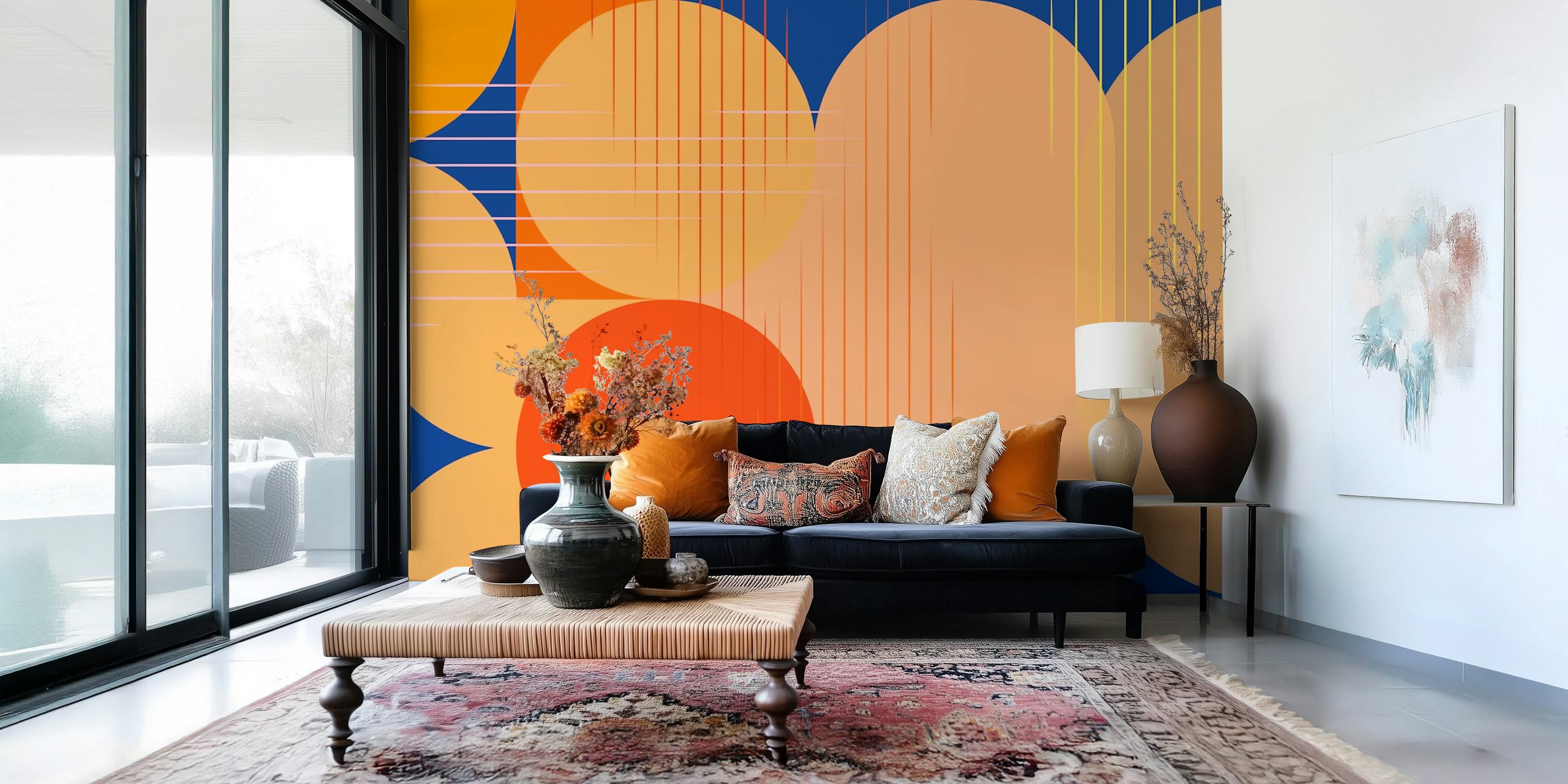 Geometric circles in orange and blue on a vibrant background wallpaper