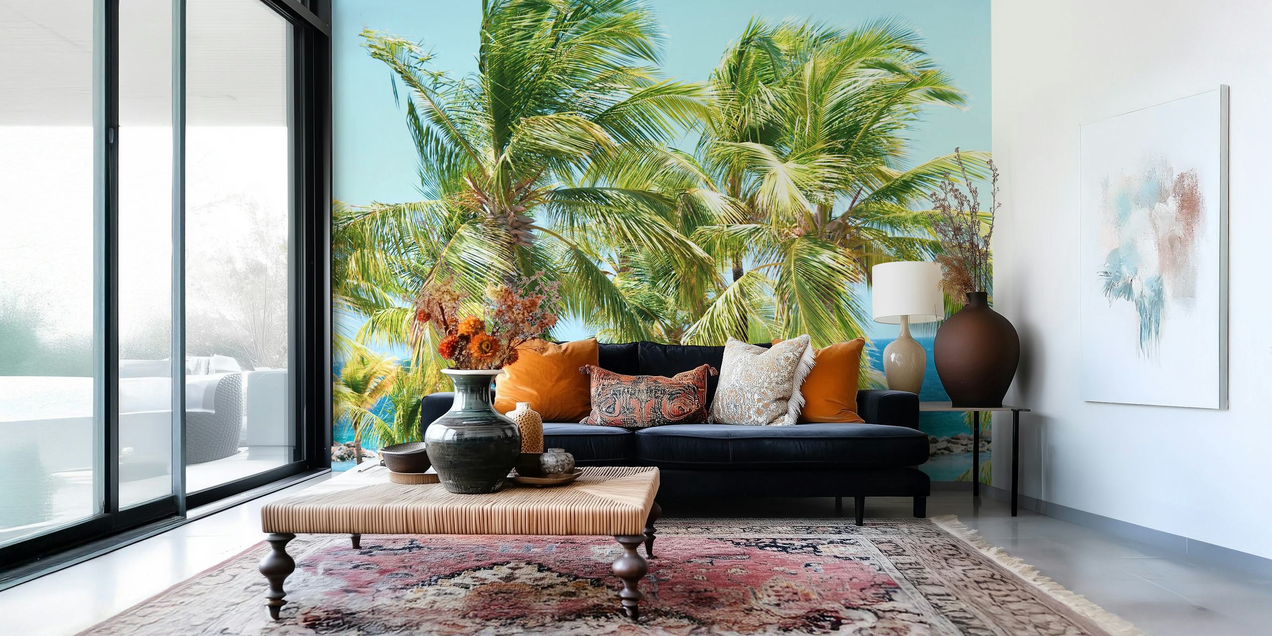 Tall green palm trees against a bright blue ocean wallpaper