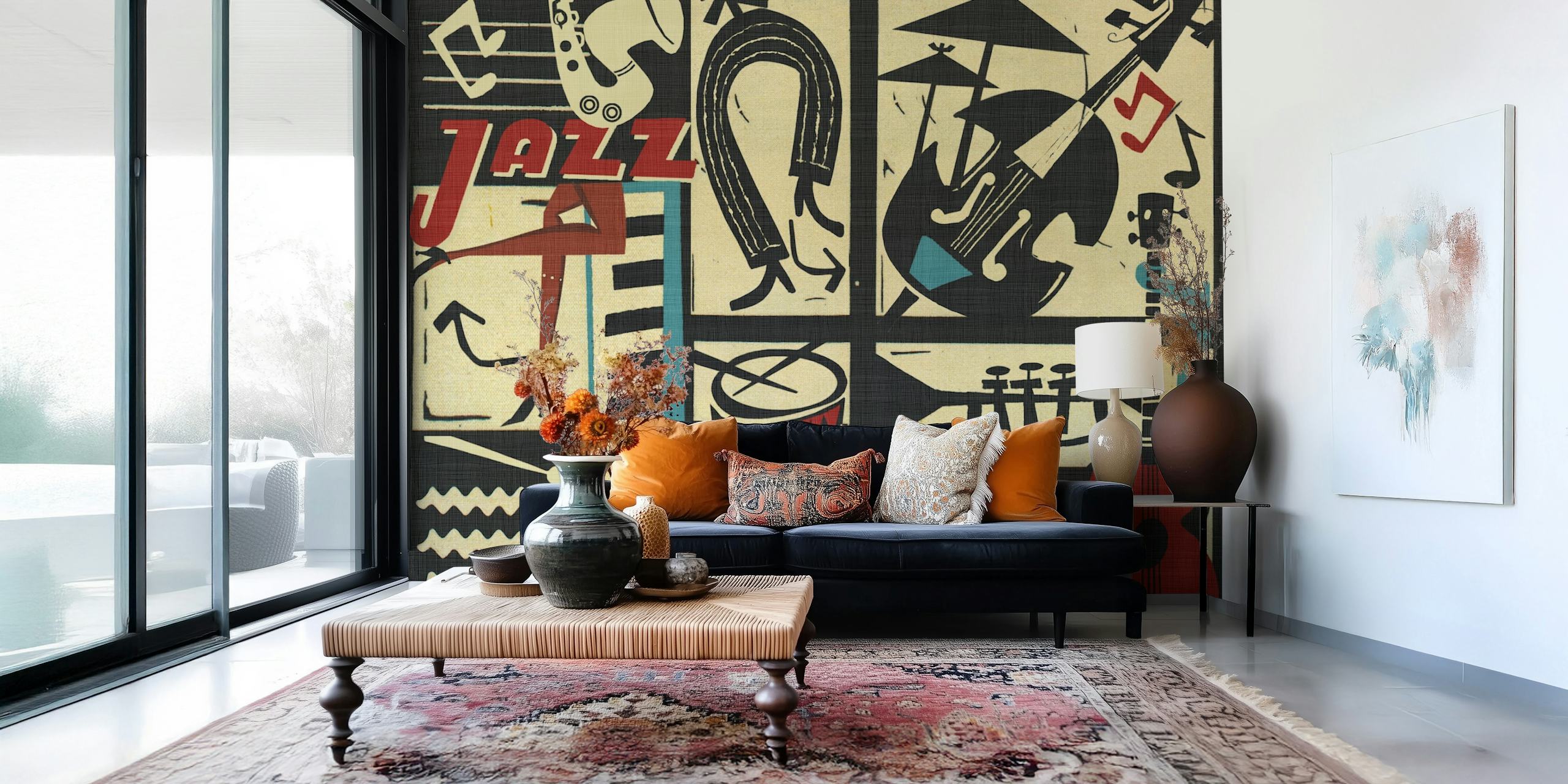 Jazz-themed wall mural with musical instruments and notes