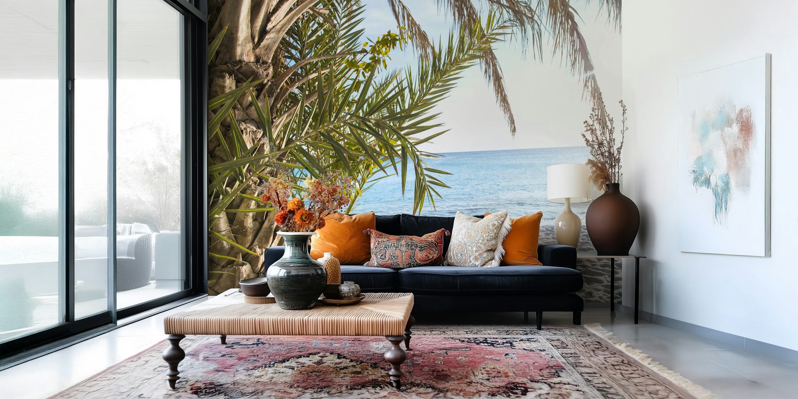 Tropisk strandtapet i et rum