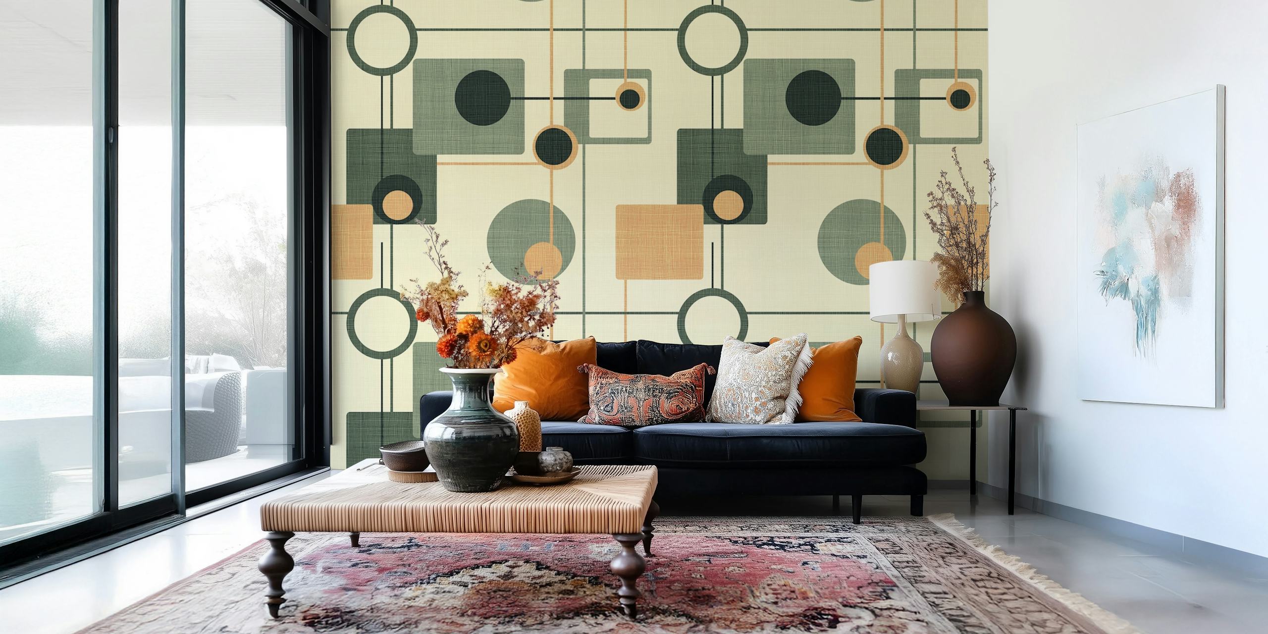 Geometric pattern in orange and olive circles and squares wallpaper