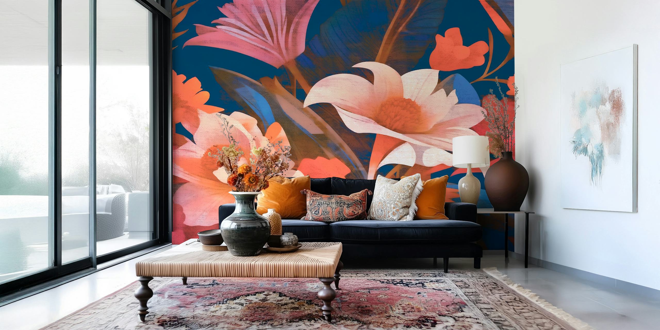 Floral patterns in shades of white, pink, and orange on dark blue wallpaper