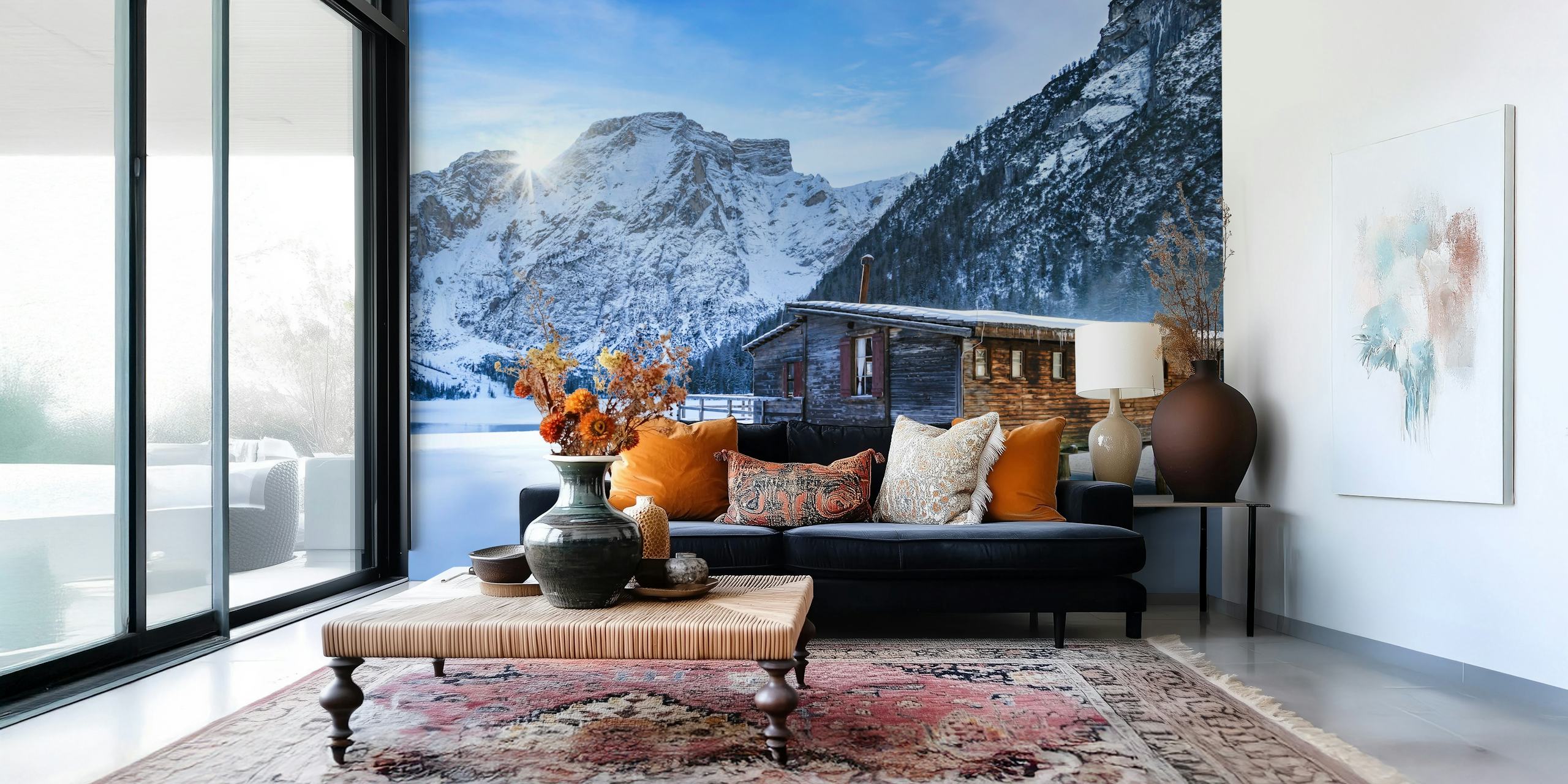 Lake Braies winter landscape wallpaper in blue and white tones featuring a cabin and mountains.
