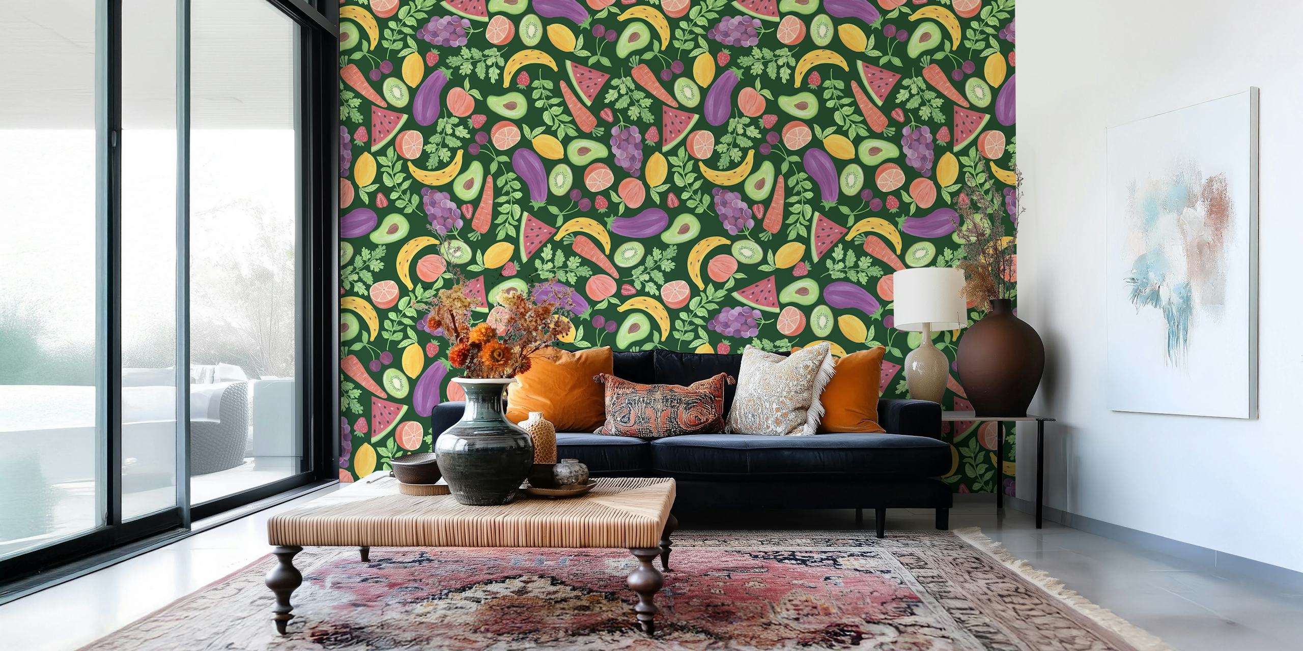 Fruits and veggies patterned wallpaper in a room