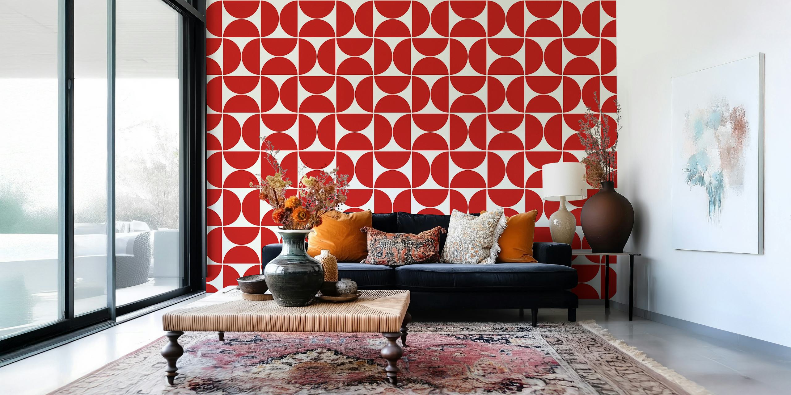 Decorazione murale moderna di metà secolo con motivi geometrici rossi