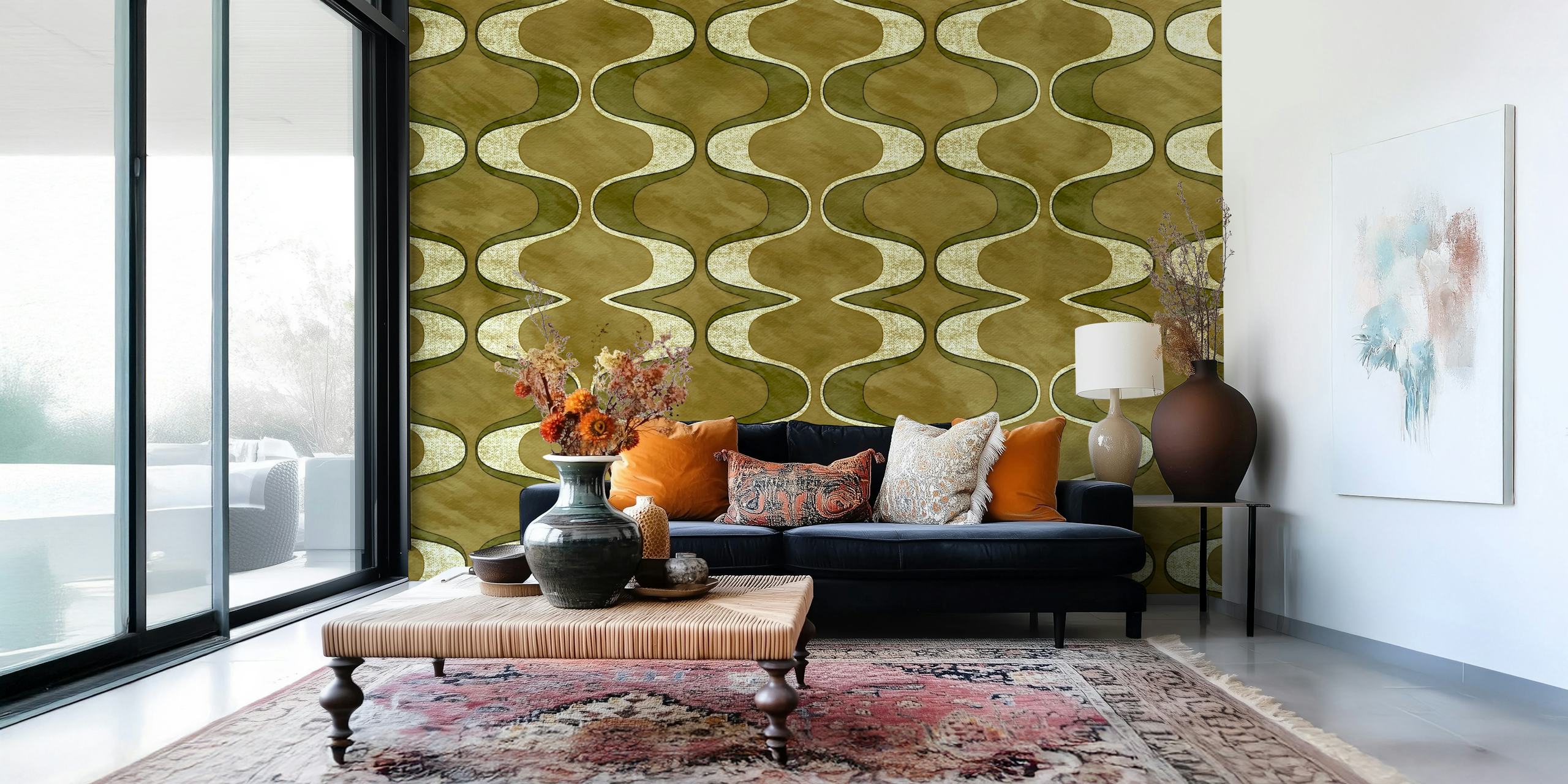 Green and tan wavy geometric design wallpaper