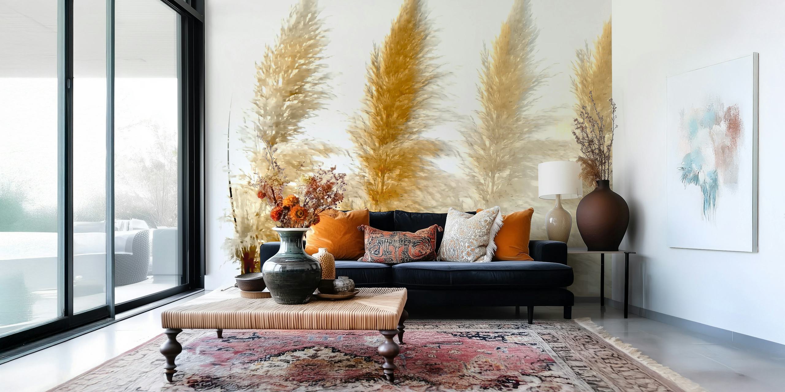 Sun Light Pampas Grass wallpaper displayed in a room