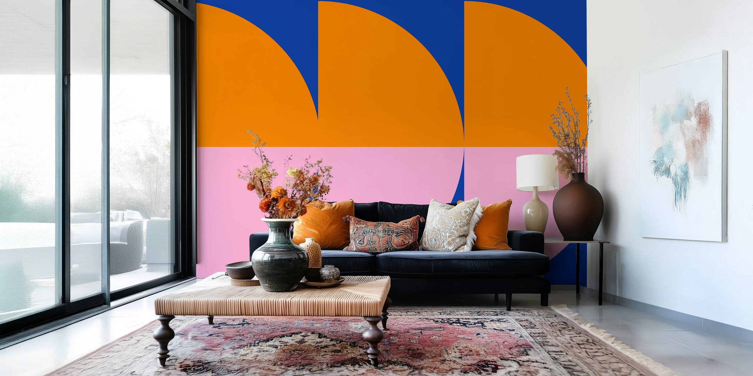 Colorful geometric pattern wallpaper with orange, pink, and blue segments