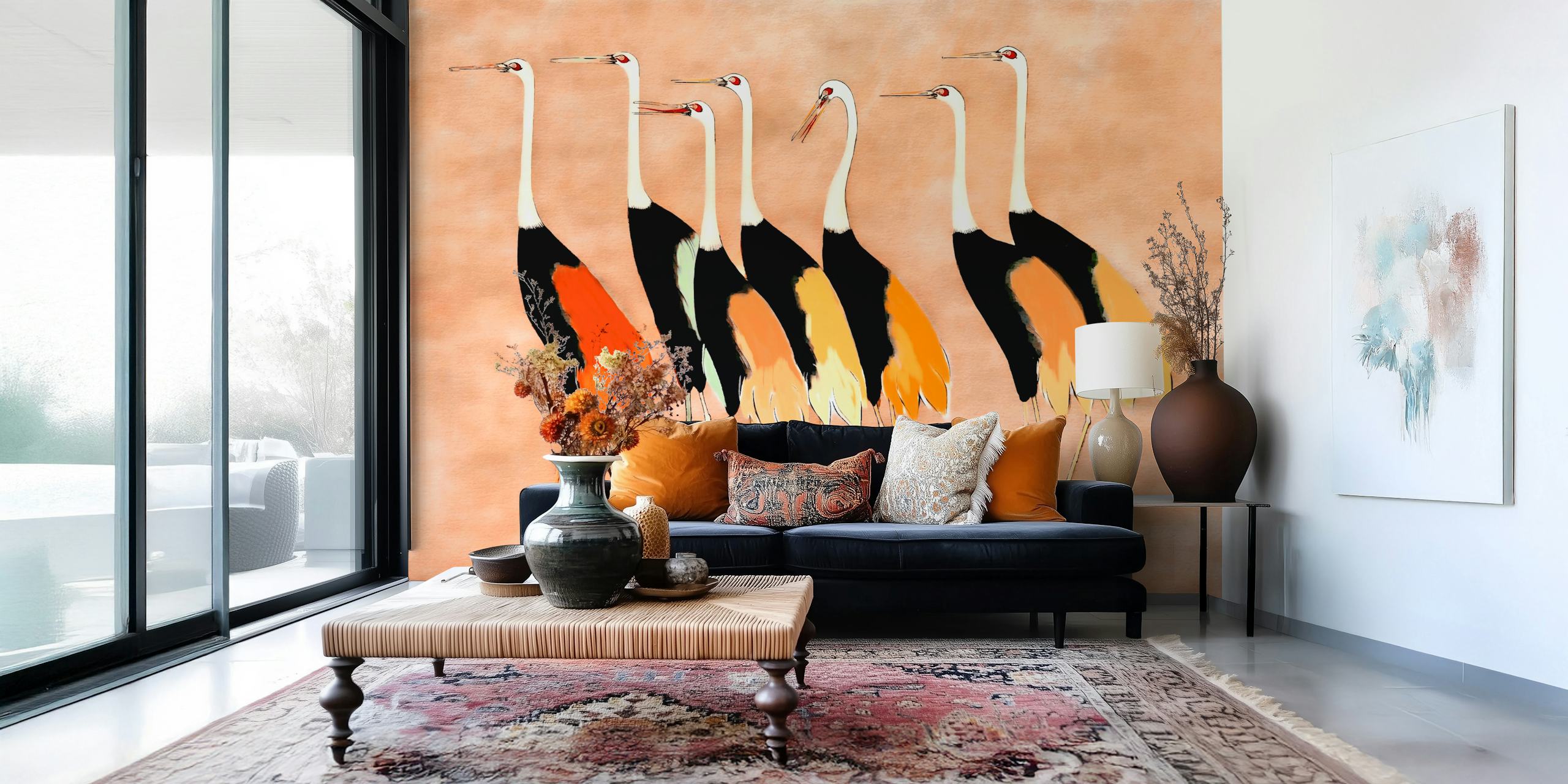 Japanese cranes in black and orange against a warm background wallpaper