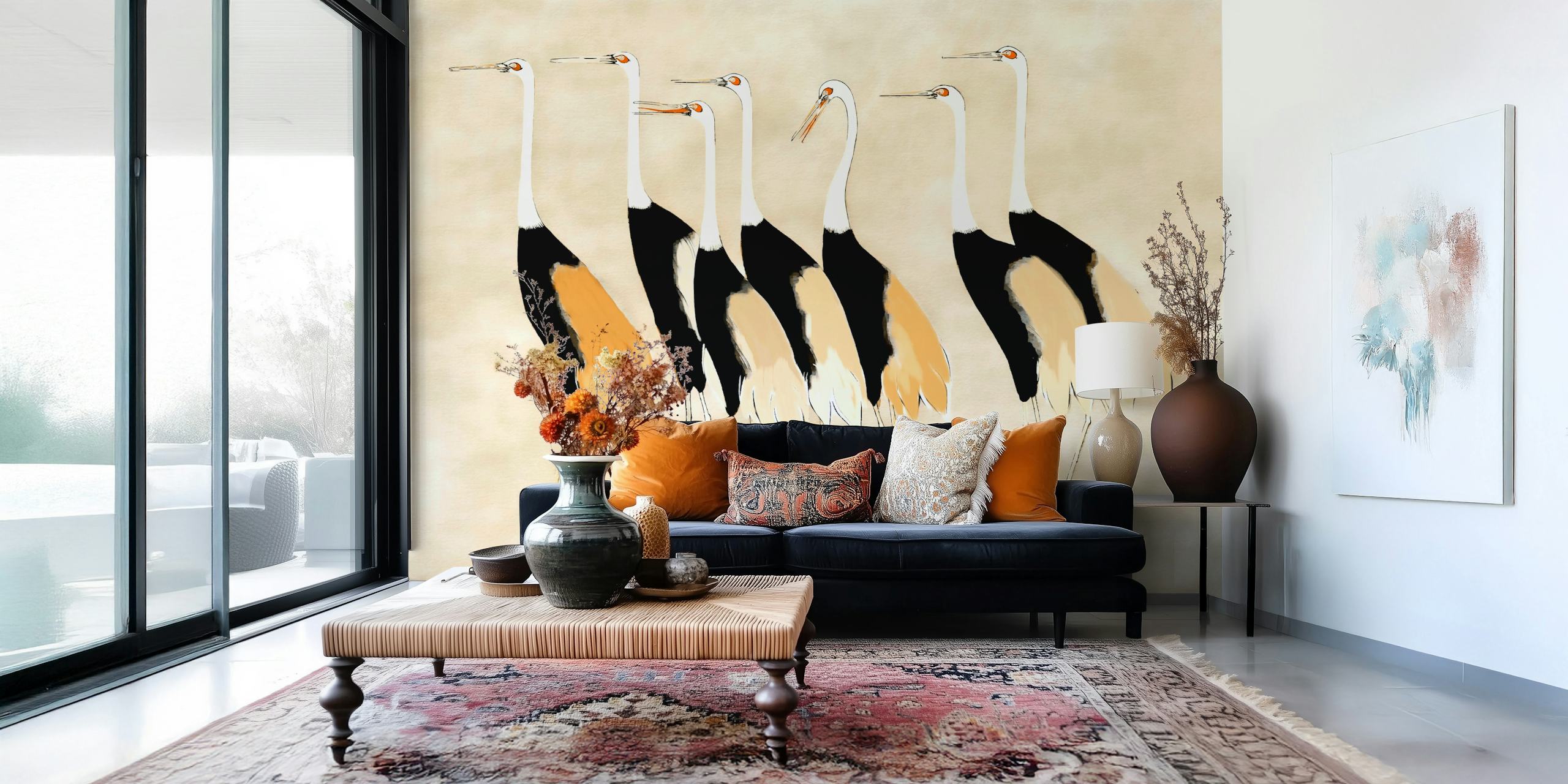 Neutral Japanese Cranes wallpaper in a room