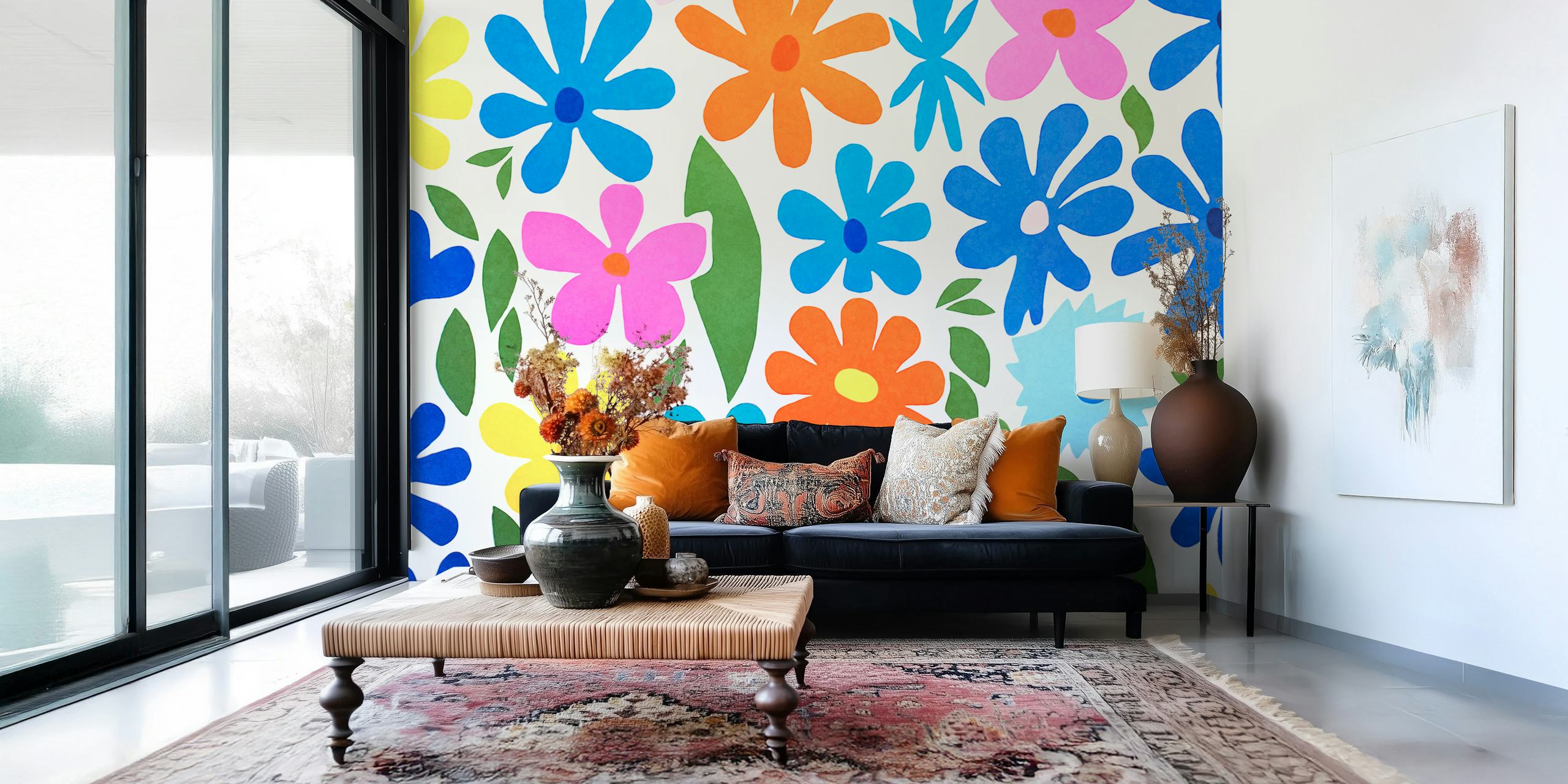 Colorful flower garden wallpaper in a room