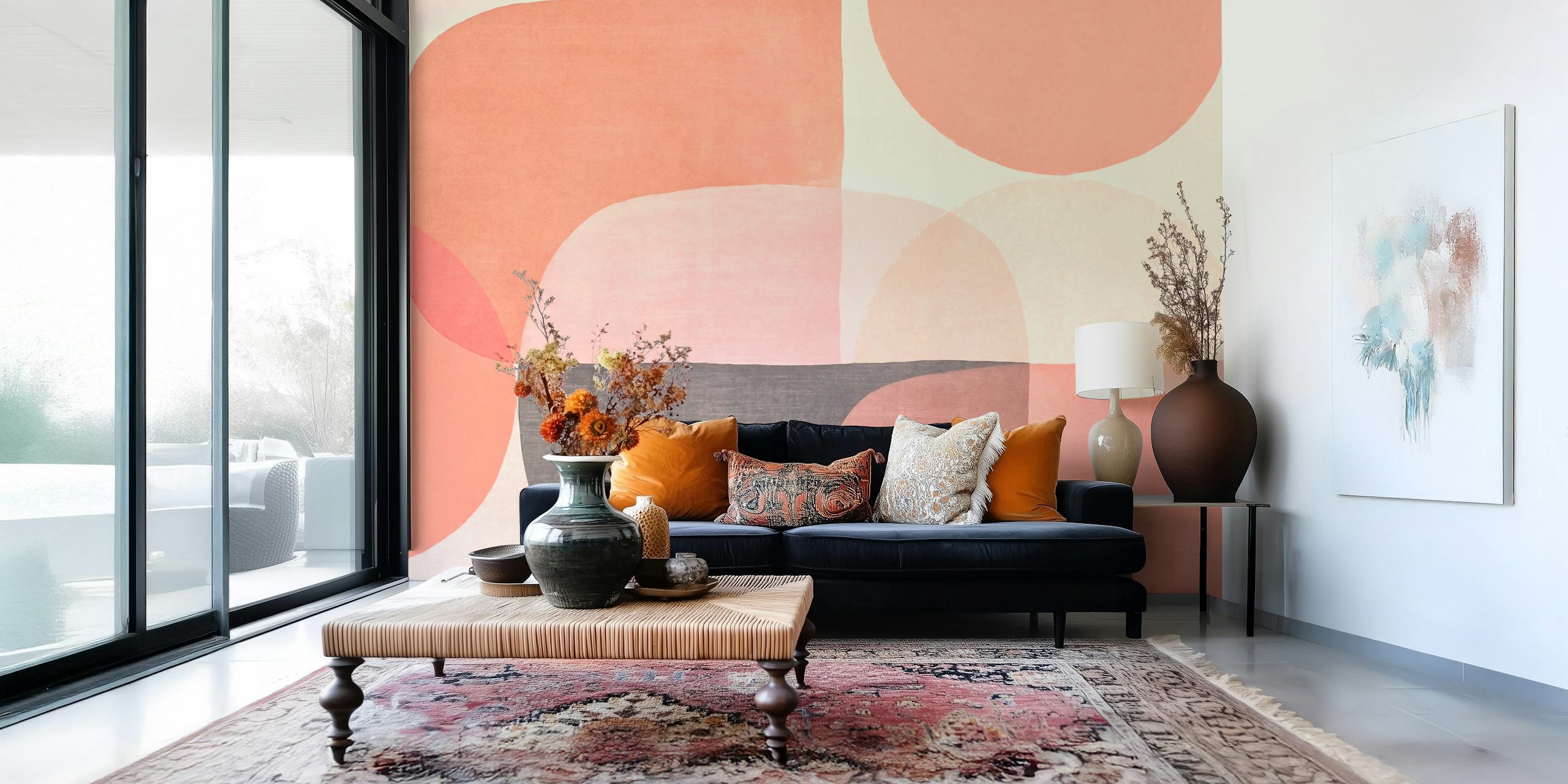 Mid Century carta da parati con forme tonde in pesca