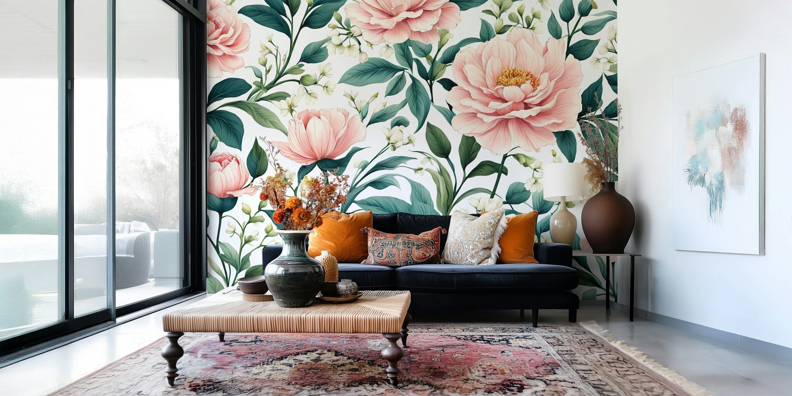 Pink floral arrangement wallpaper with leafy green accents