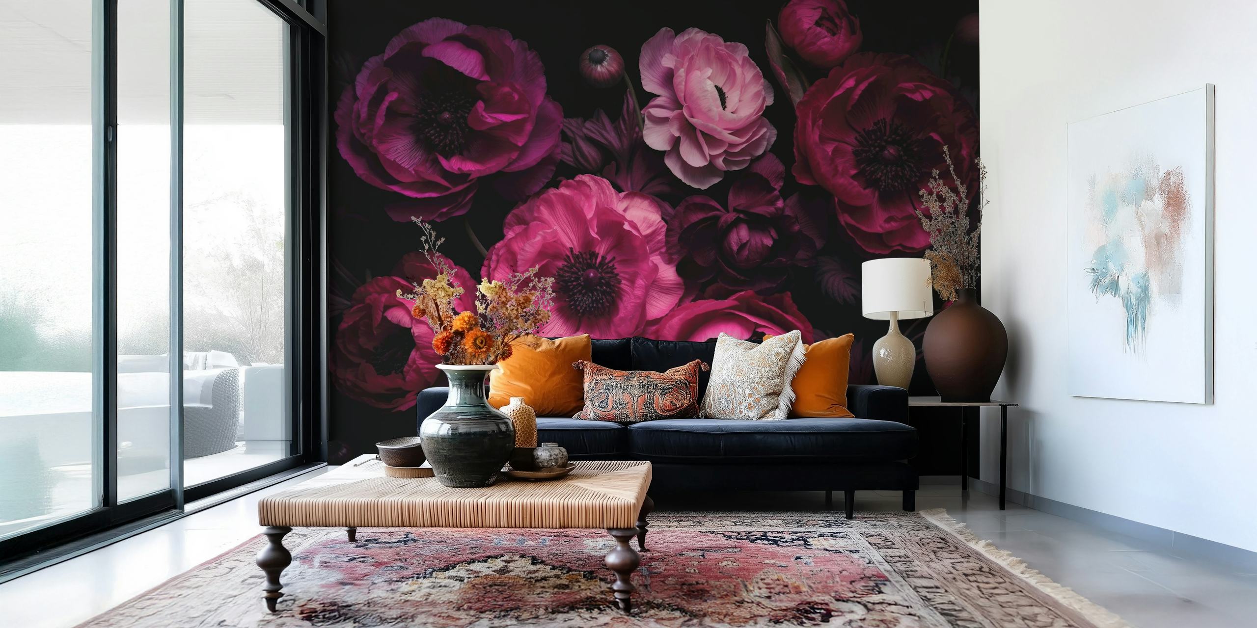 Moody Dark Pink Peony And Ranunculus tapet