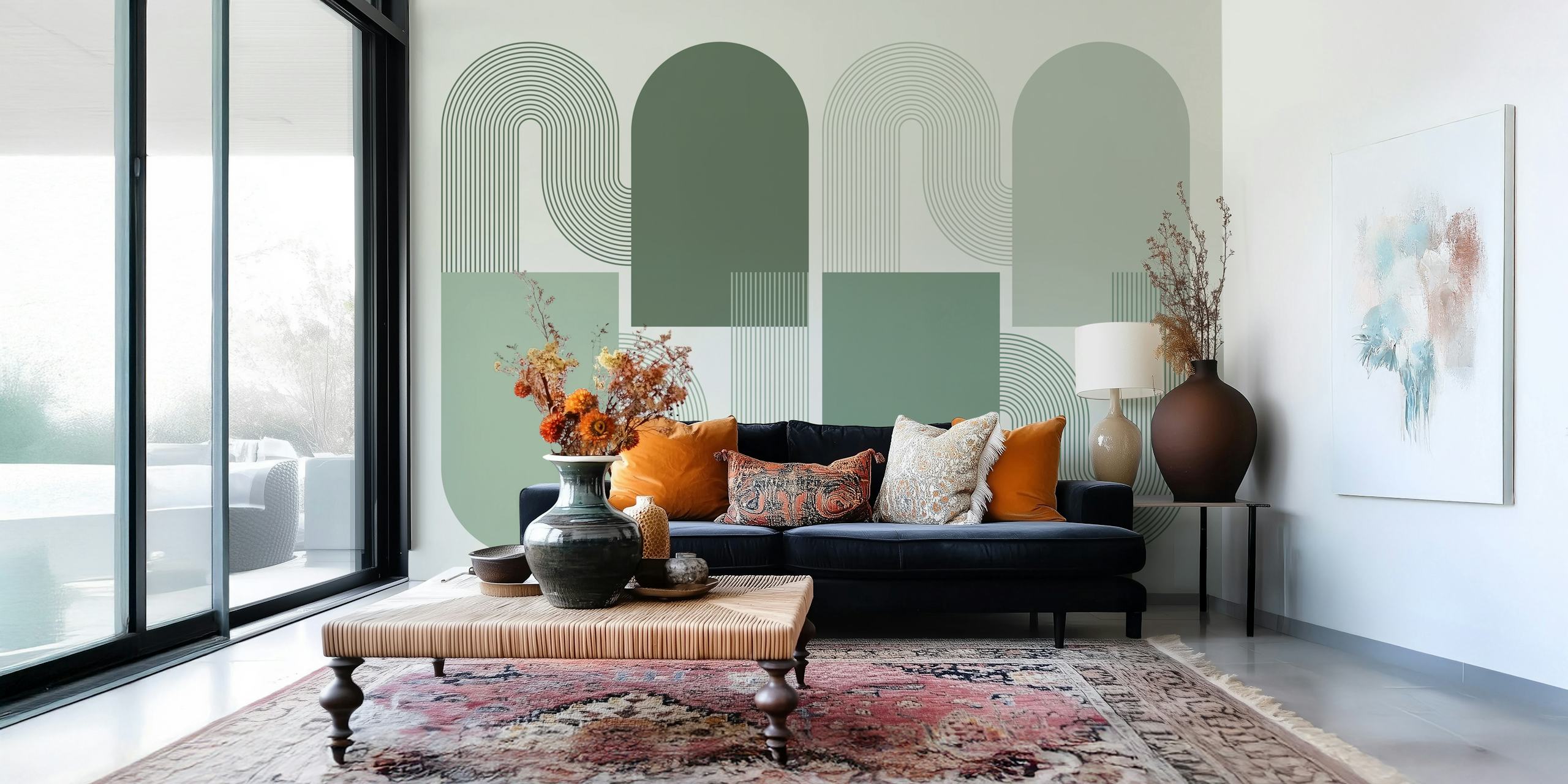 Green abstract mid-century arch geometry wallpaper