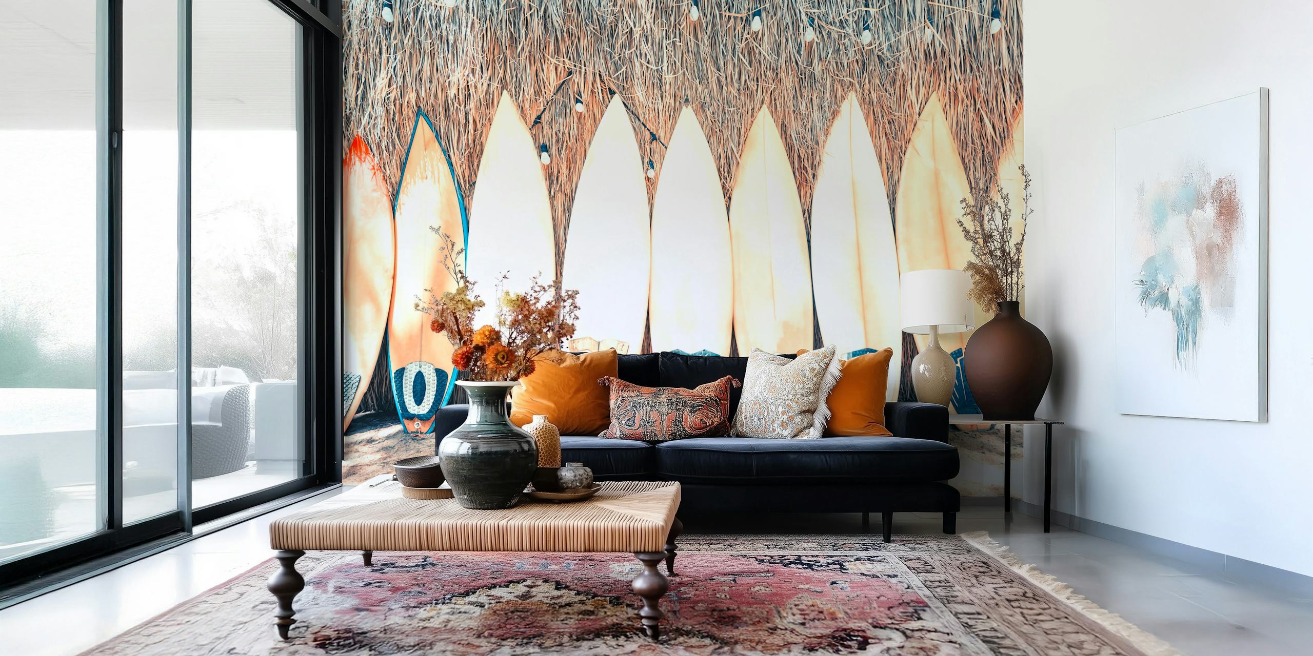 Surfboard wallpaper displayed in a room