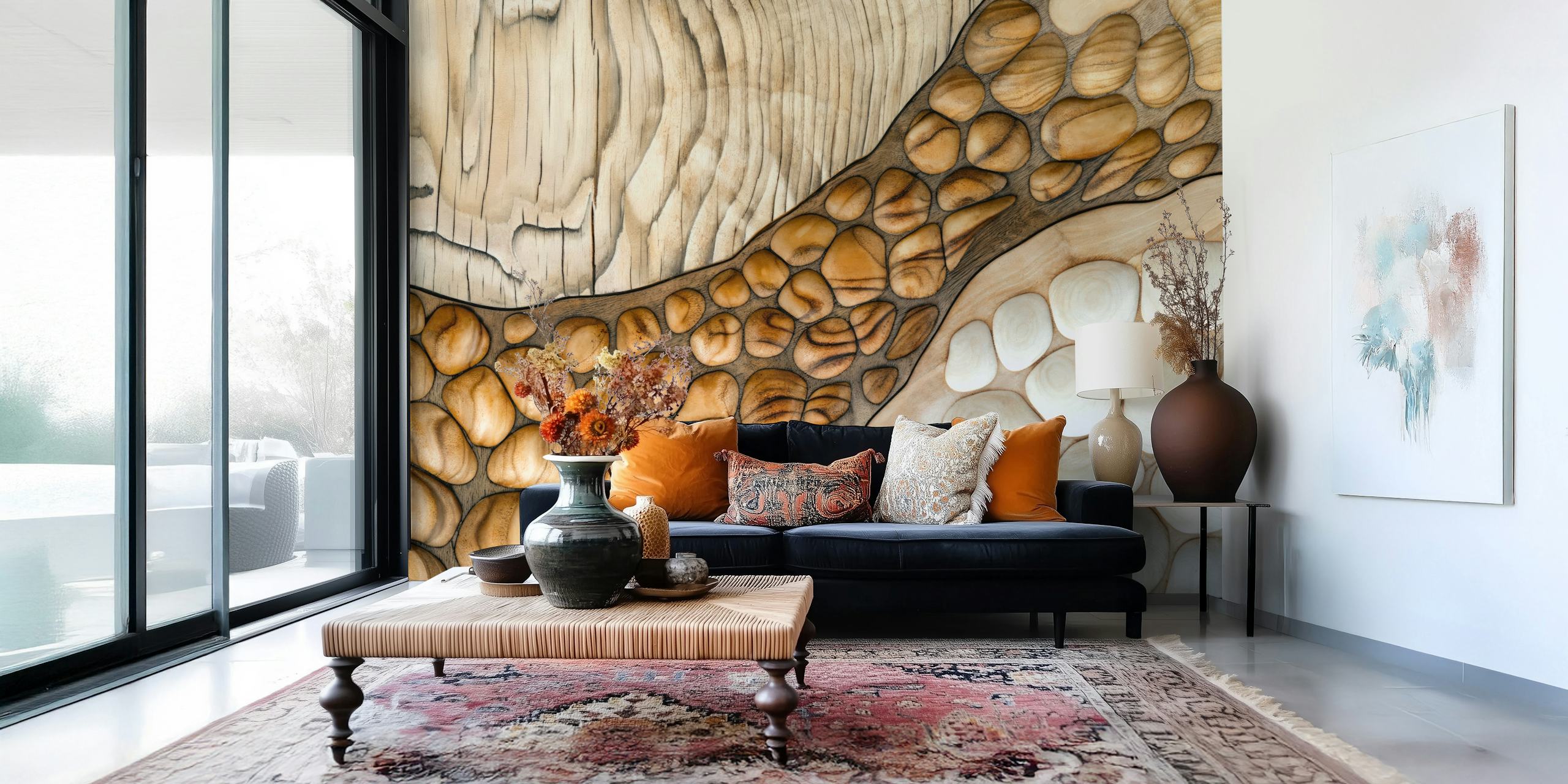 Wood pebbles and textured natural wood wallpaper