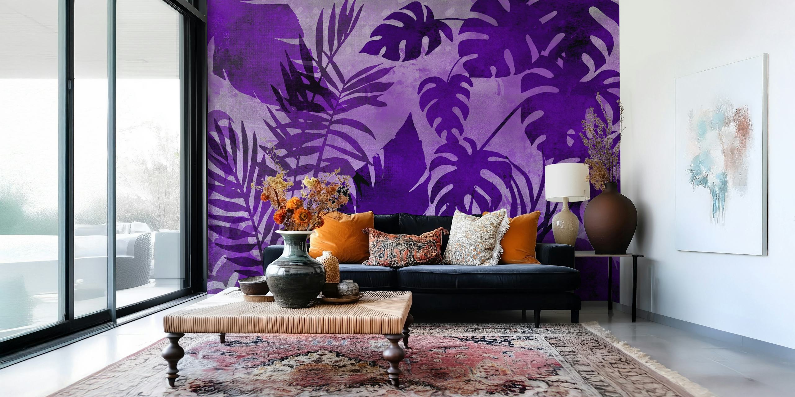 Purple tropical monstera palm wallpaper in a room