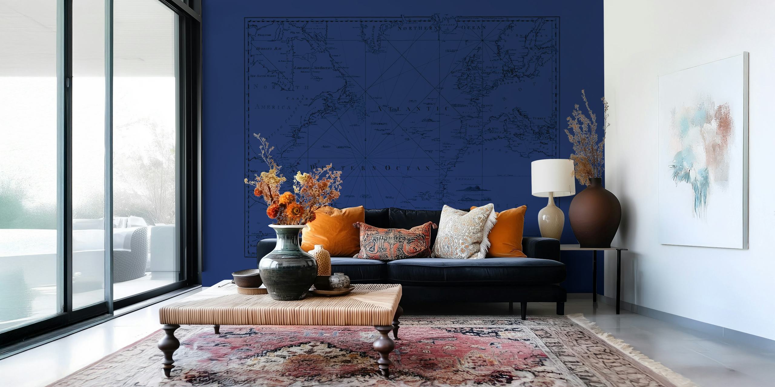 Vintage map design in navy blue featuring geographical outlines and details wallpaper