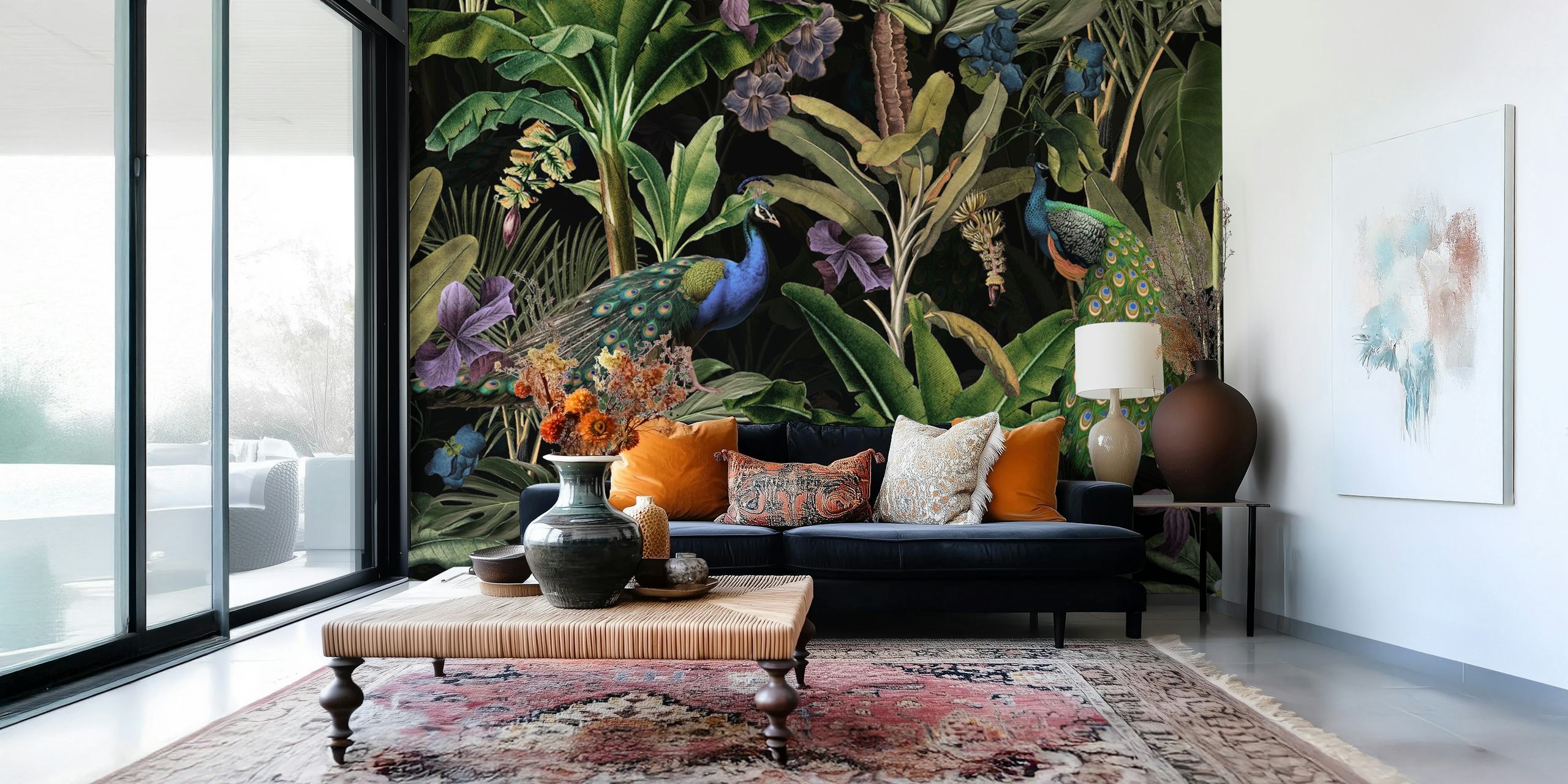 Exotic peacock wallpaper in a lush room