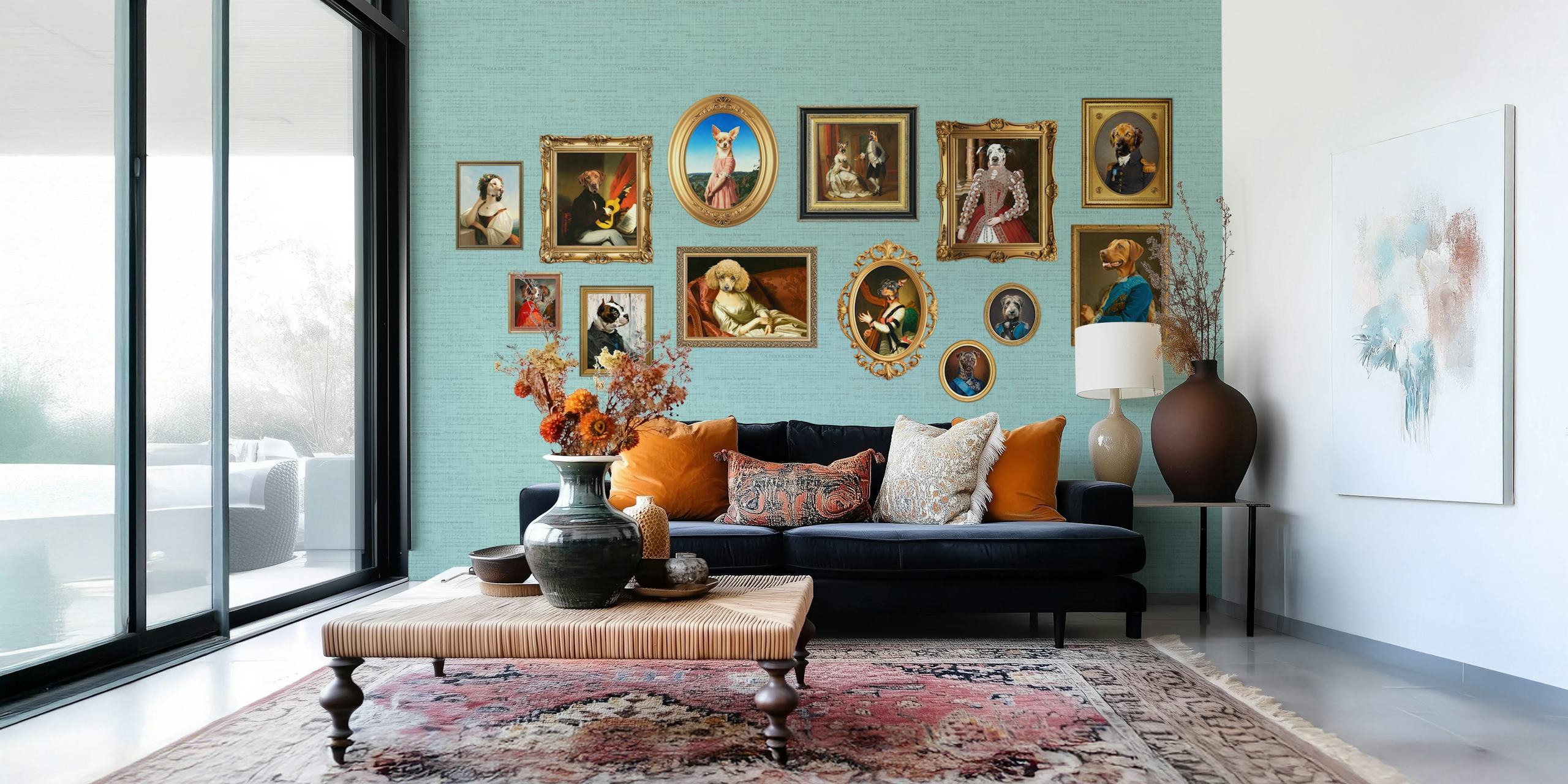 Dog Portraits Statement Wall på aqua blå vegg