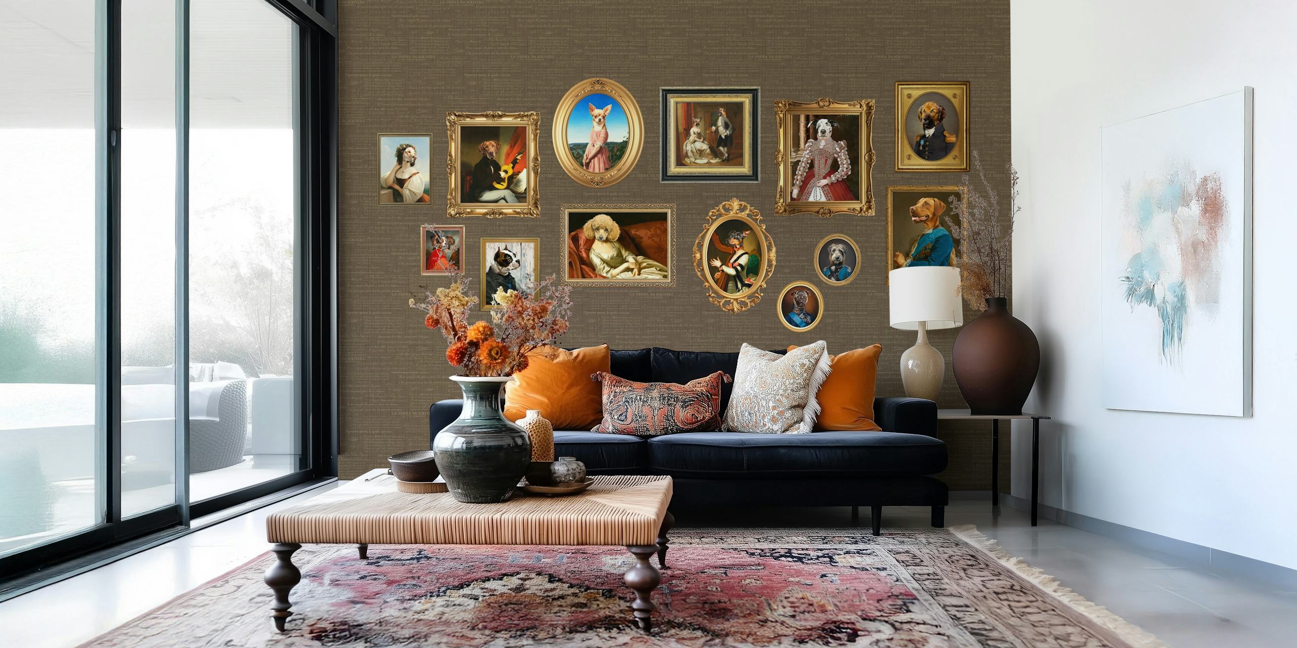 Vintage dog portraits in ornate frames on brown wallpaper