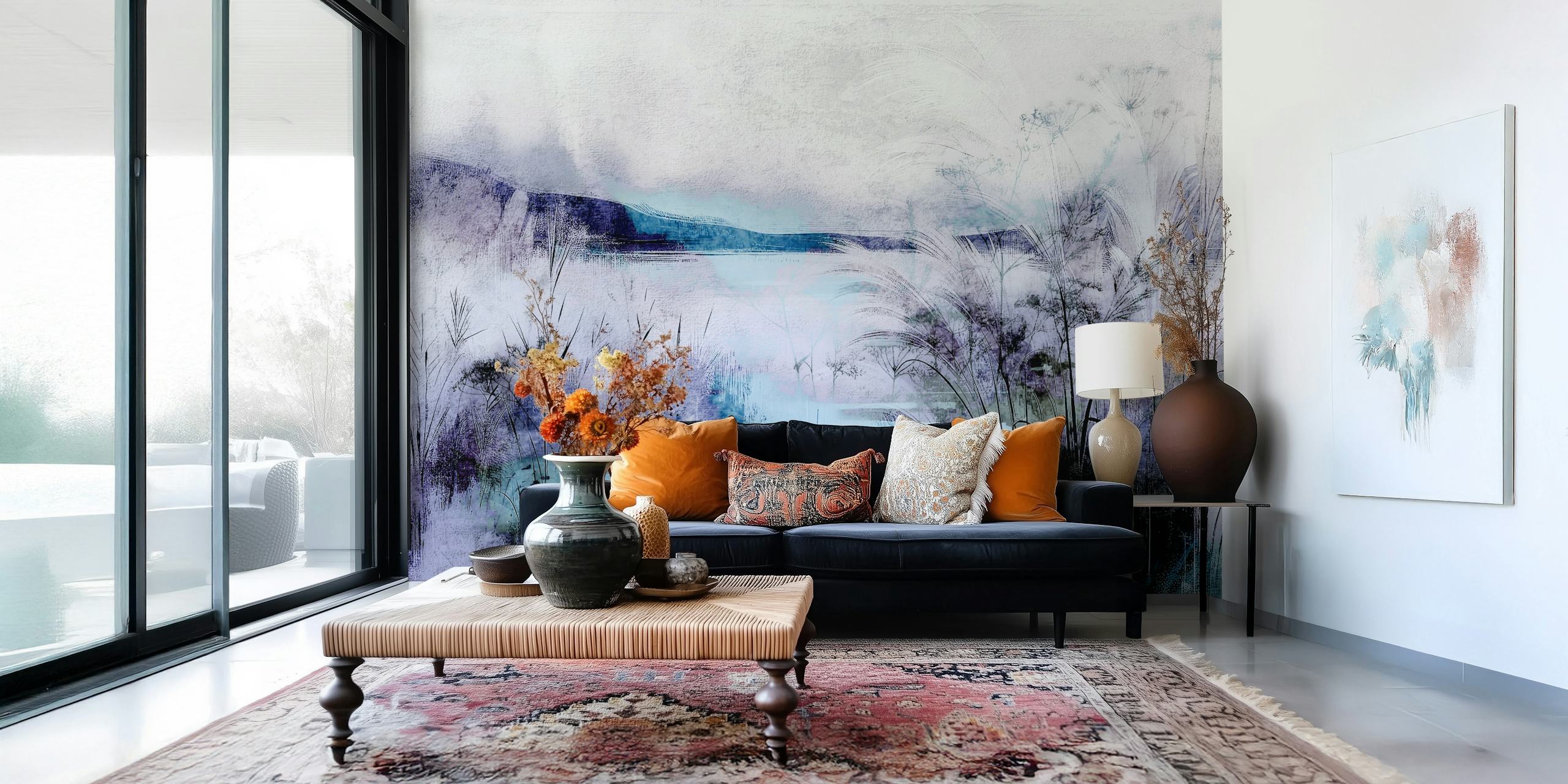 Rolig tapet med Misty Lakeside Reeds ved en tåget sø