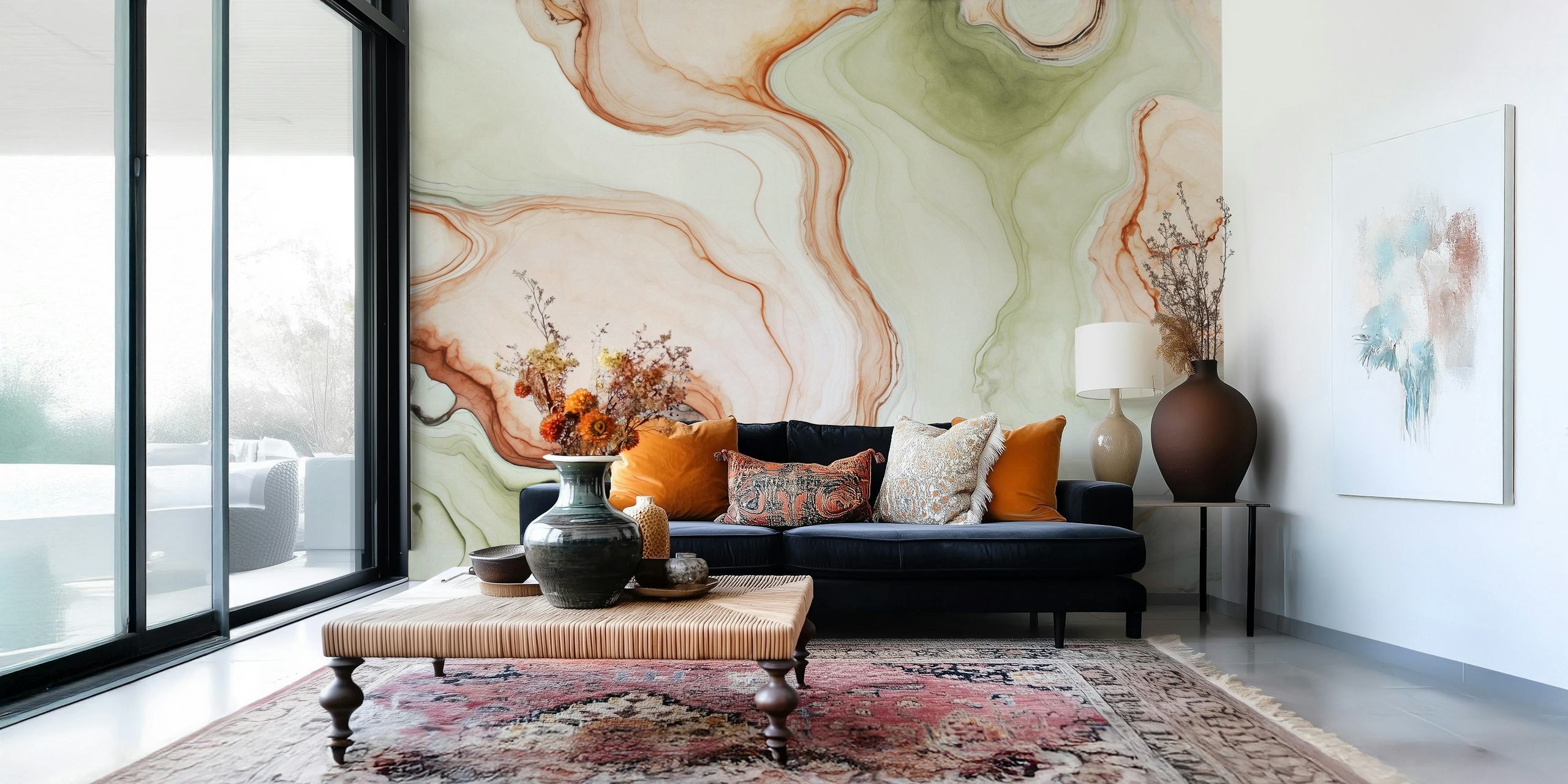 Marbled ink wallpaper featuring sage green and soft pink swirls with earthy tones
