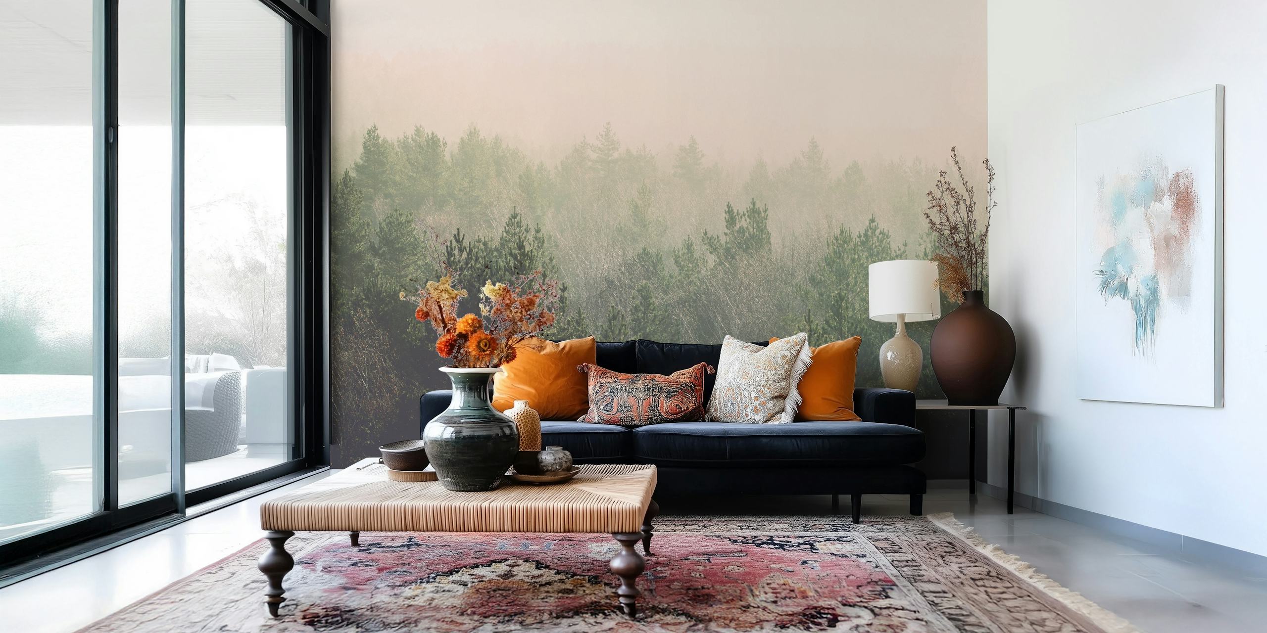 Green trees with misty pink backdrop wallpaper