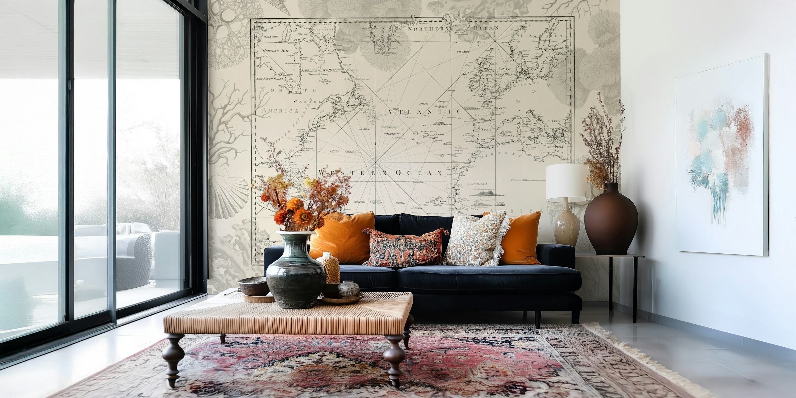 Beige vintage journey map with coral designs wallpaper