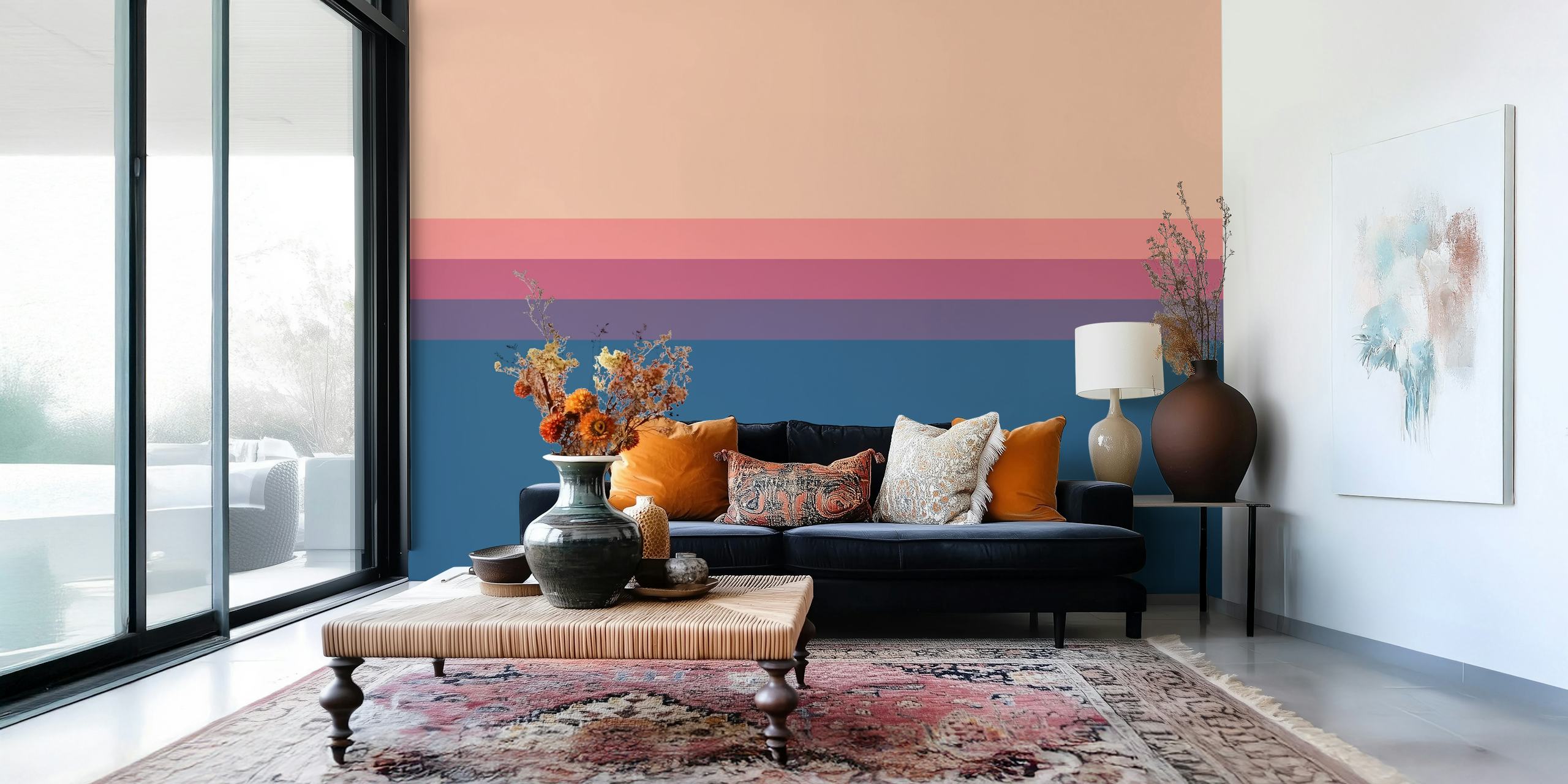 Horizontal stripes in peach, pink, and blue tones wallpaper