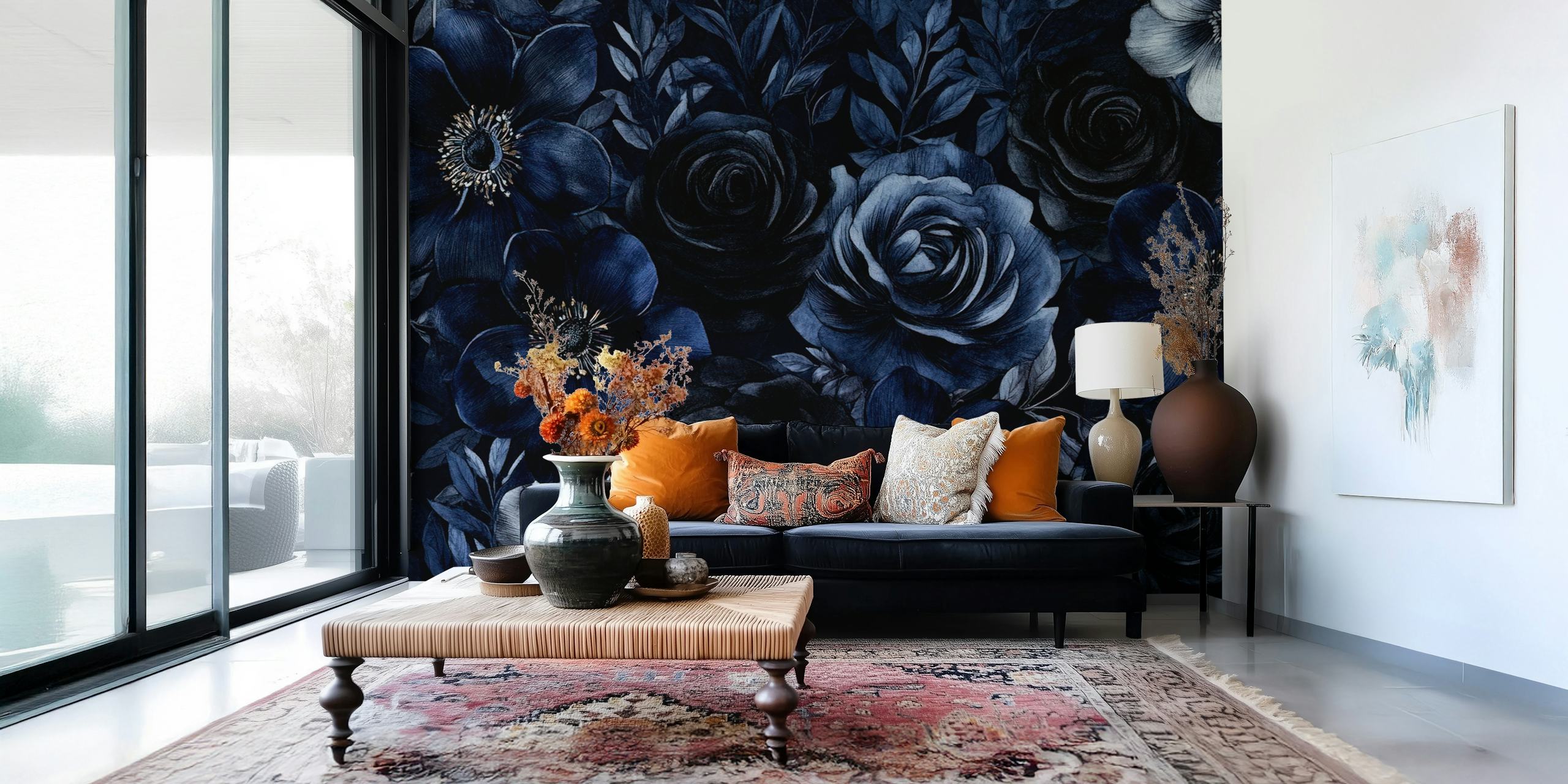 Midnight blue floral wallpaper with dark roses and anemones