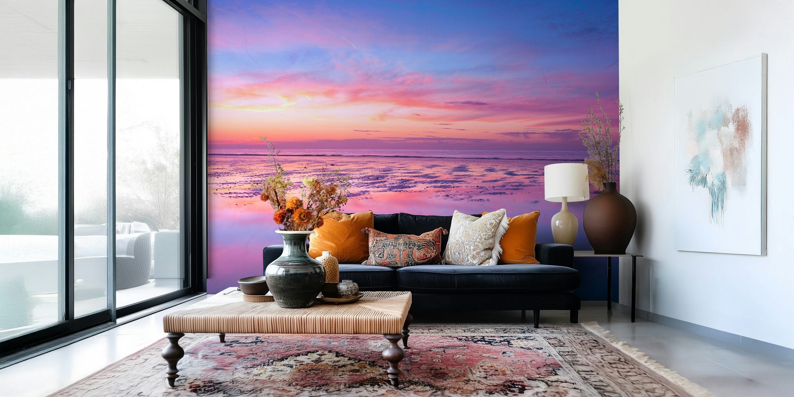 Ocean sunset scene with purple and blue hues wallpaper