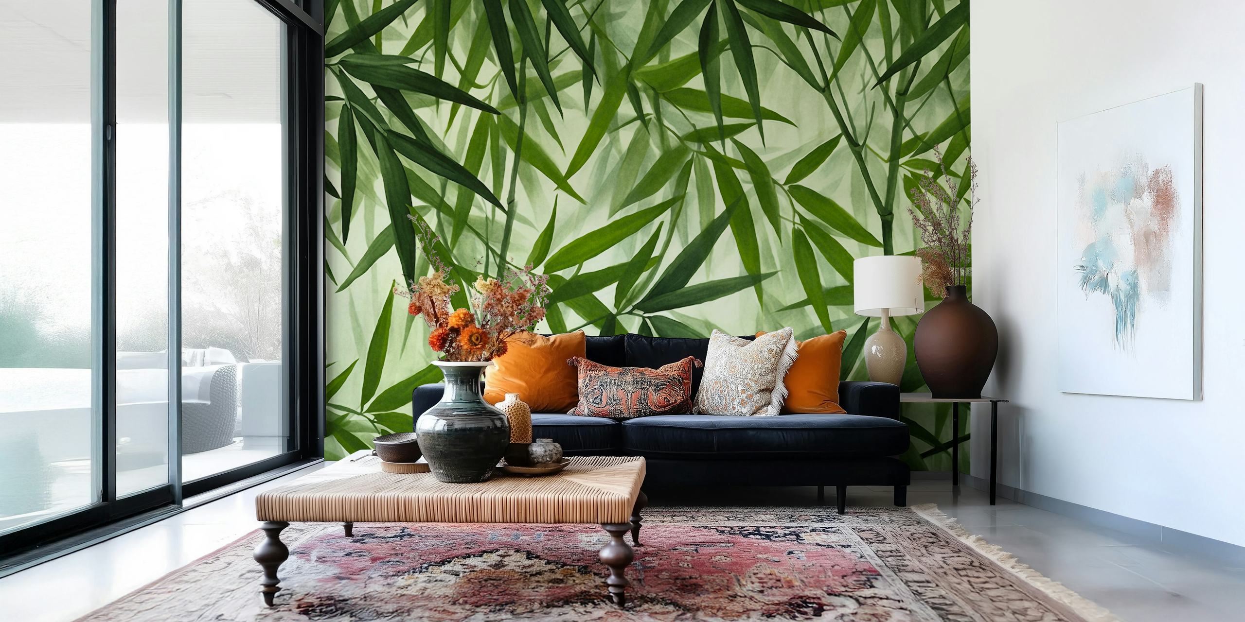 Bamboo leaves on a soft green background wallpaper