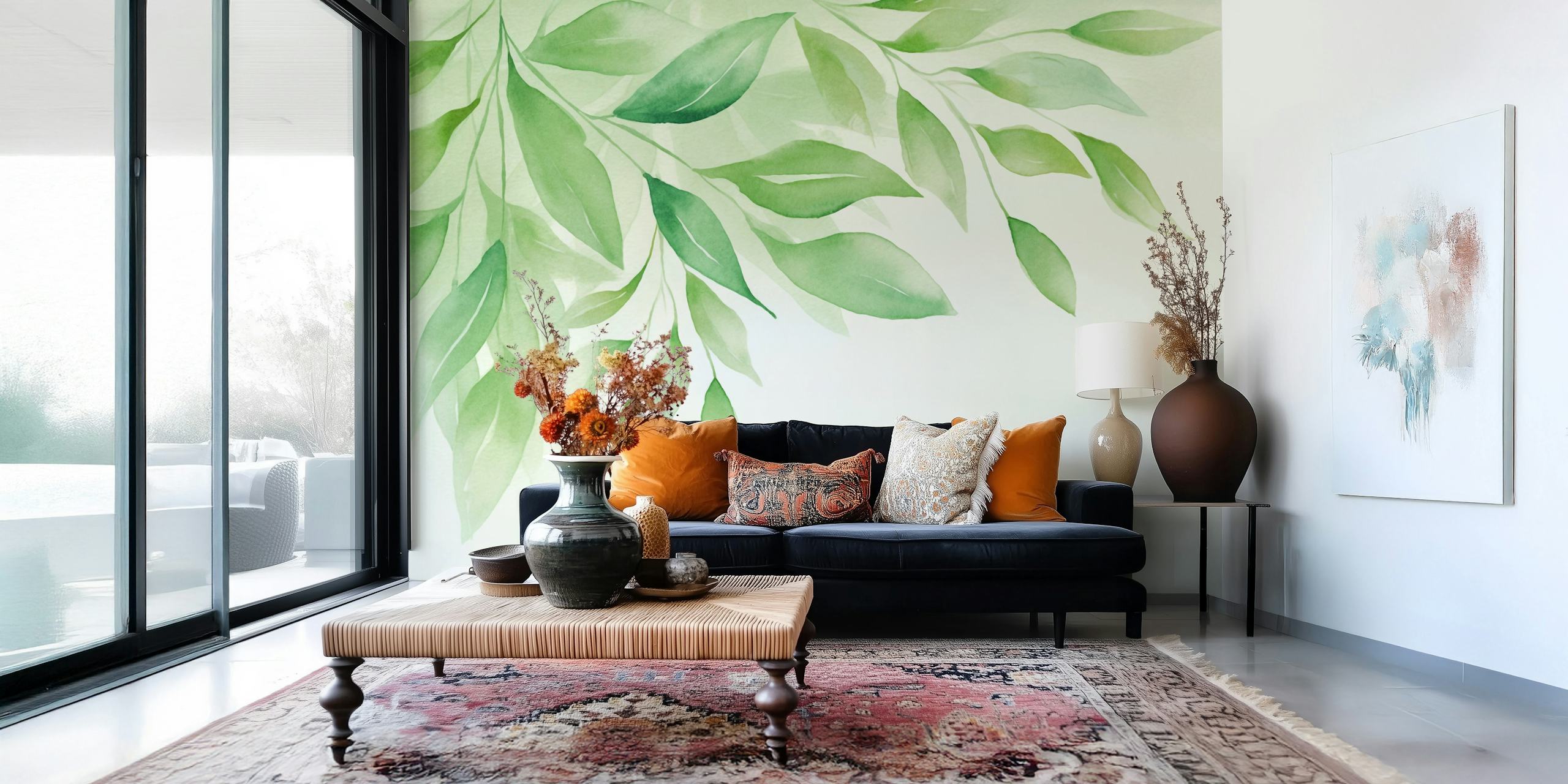 Papel de parede Calm Foliage Gentle Green em um quarto