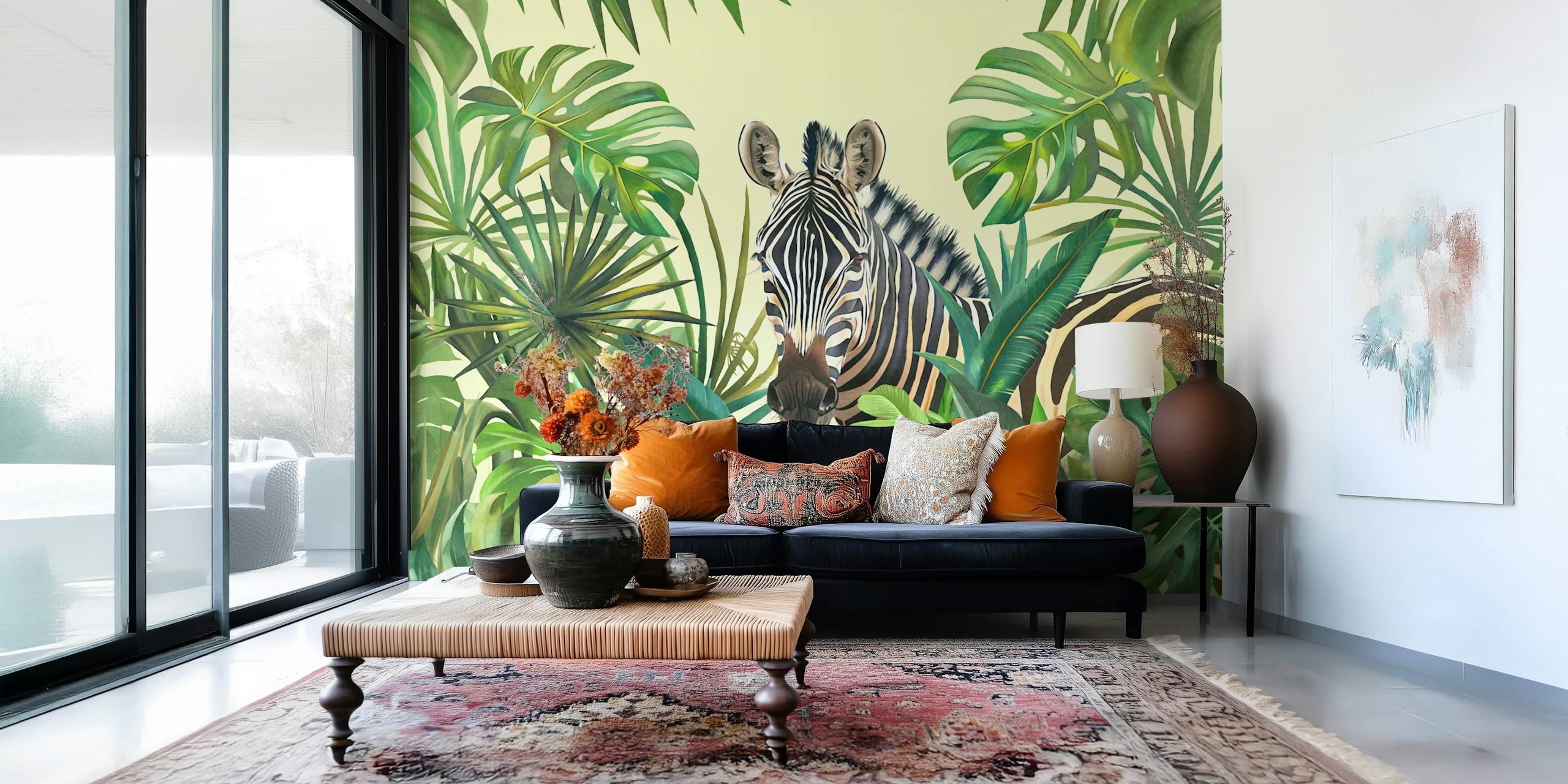 Tropical Jungle Zebra Adventure Tapete in einem Raum