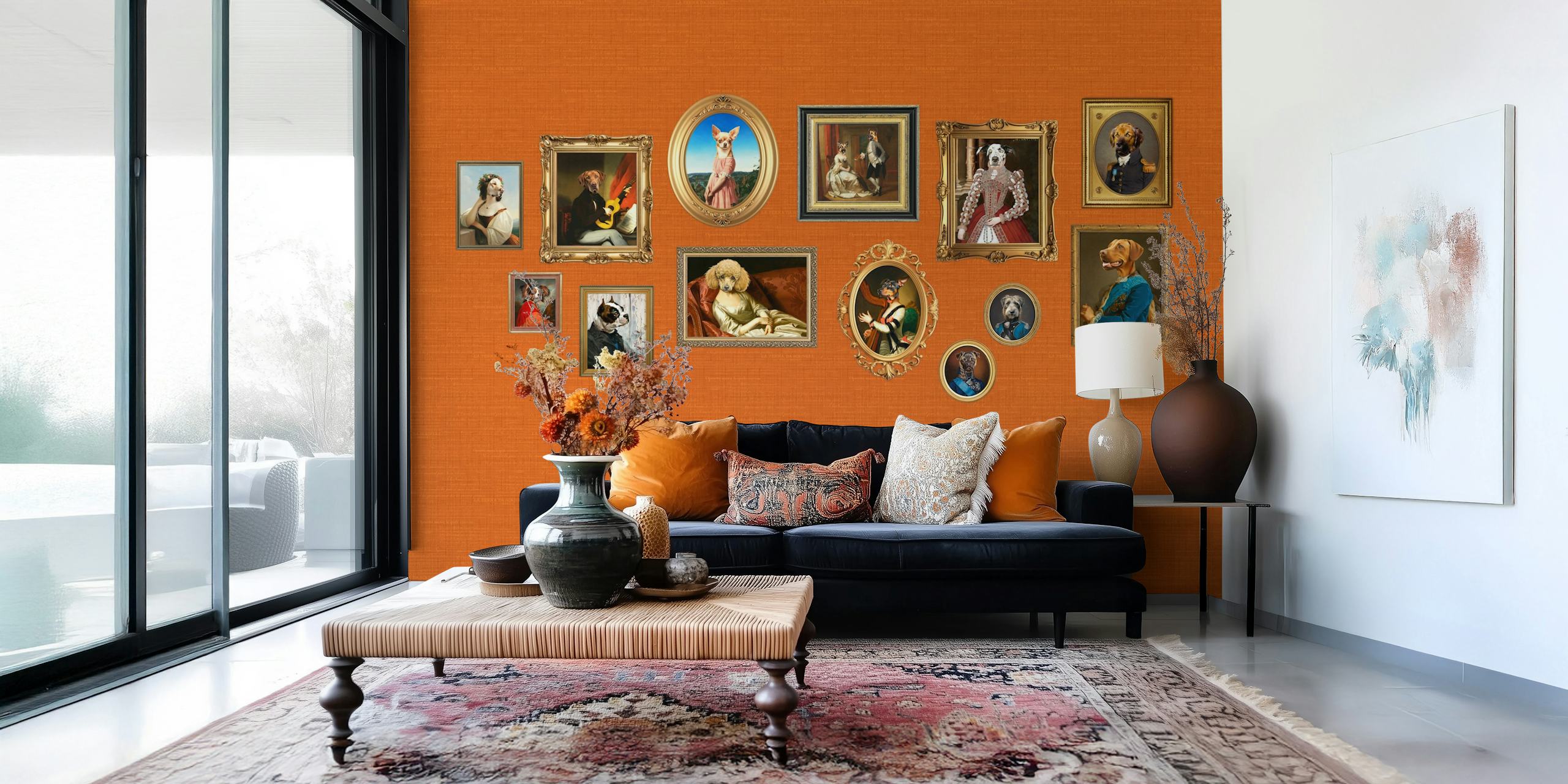 Dog Portraits Statement Wall in orange