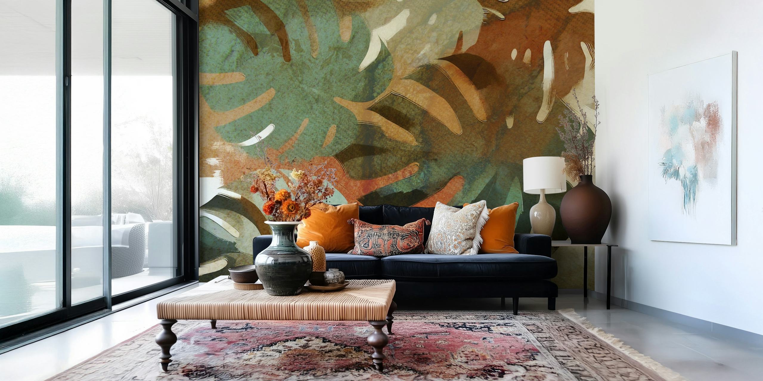 Tropical Monstera leaves in greens and browns on wallpaper