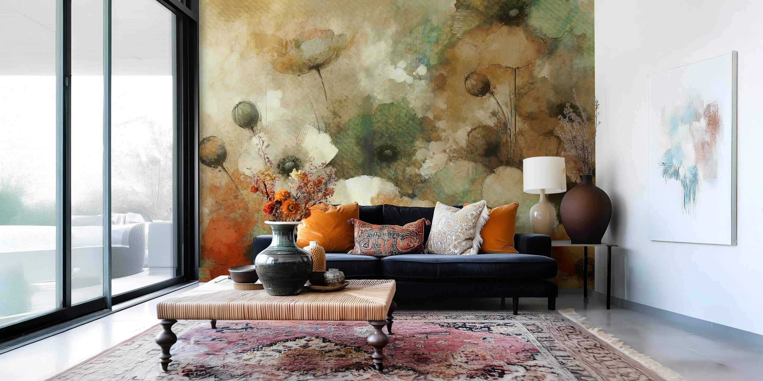 Vintage floral wallpaper with delicate white and orange flowers