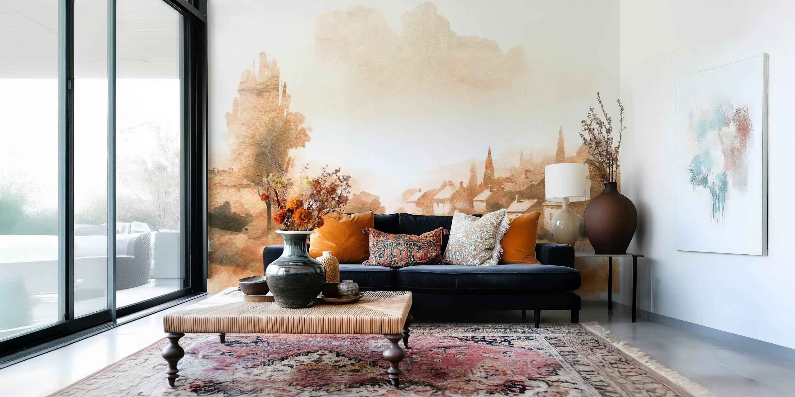 Rustic countryside landscape illustration in soft earth tones wallpaper