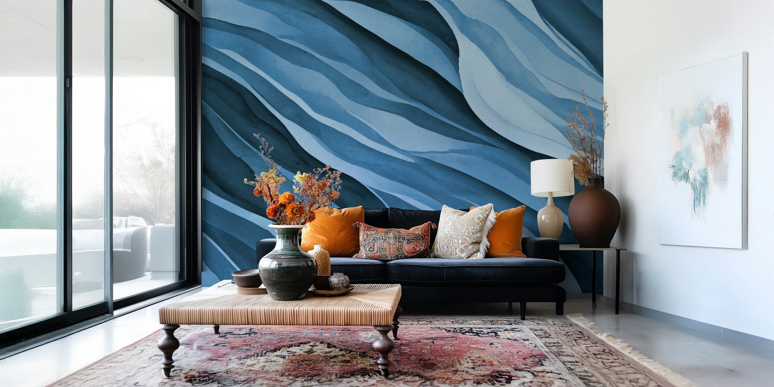 Midnight Oceanic Wave Abstract Art papel de parede em um quarto