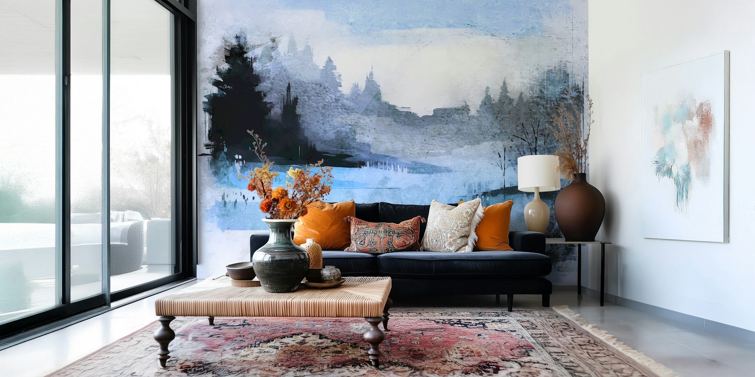 Abstract blue and gray forest landscape wallpaper