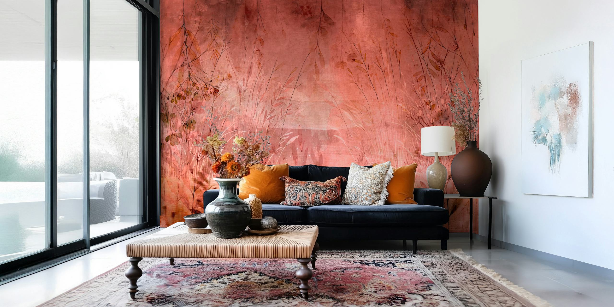 Blush pink floral watercolors wallpaper with soft green details