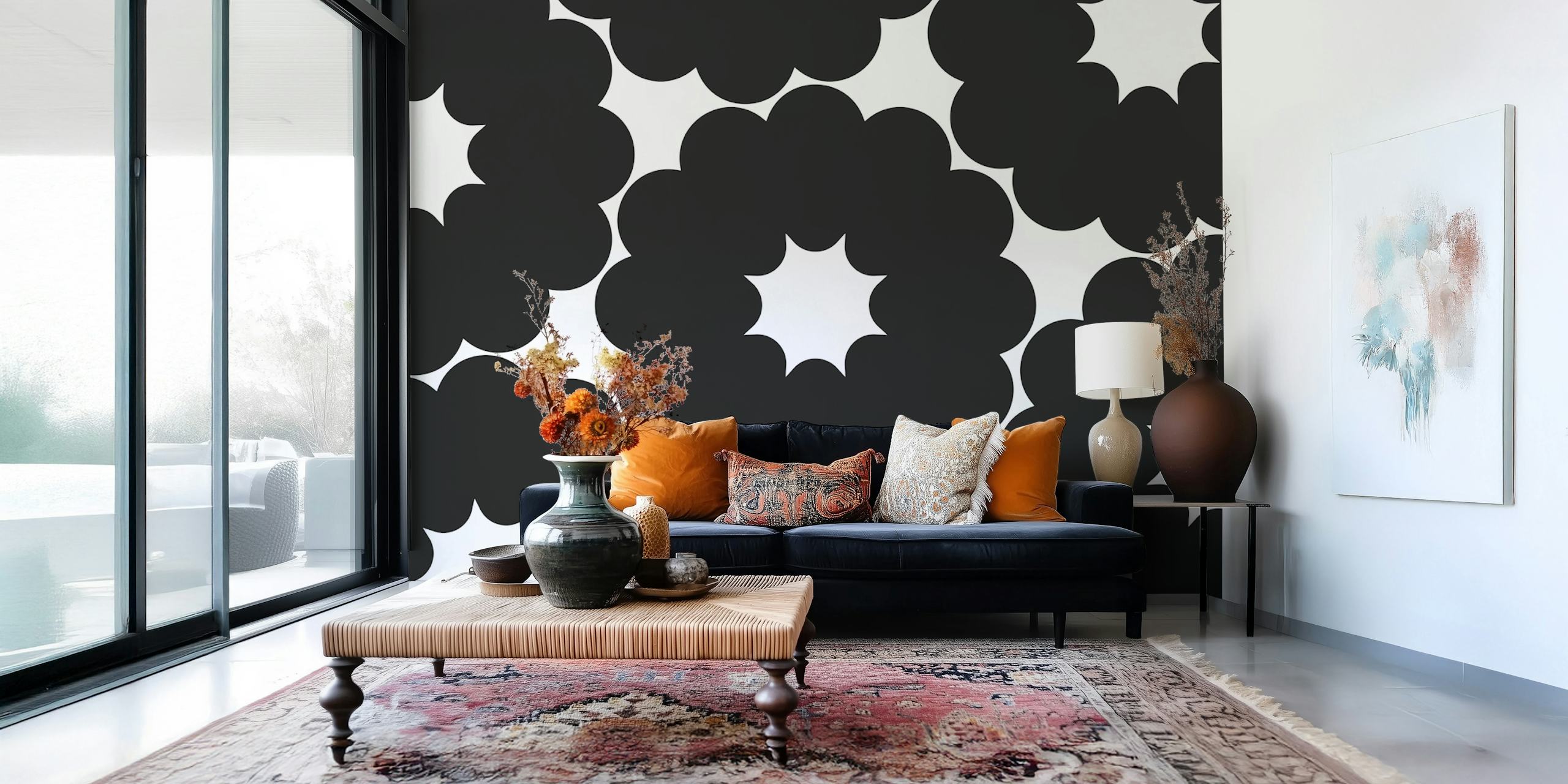 Monochrome Floral Burst wallpaper in a room