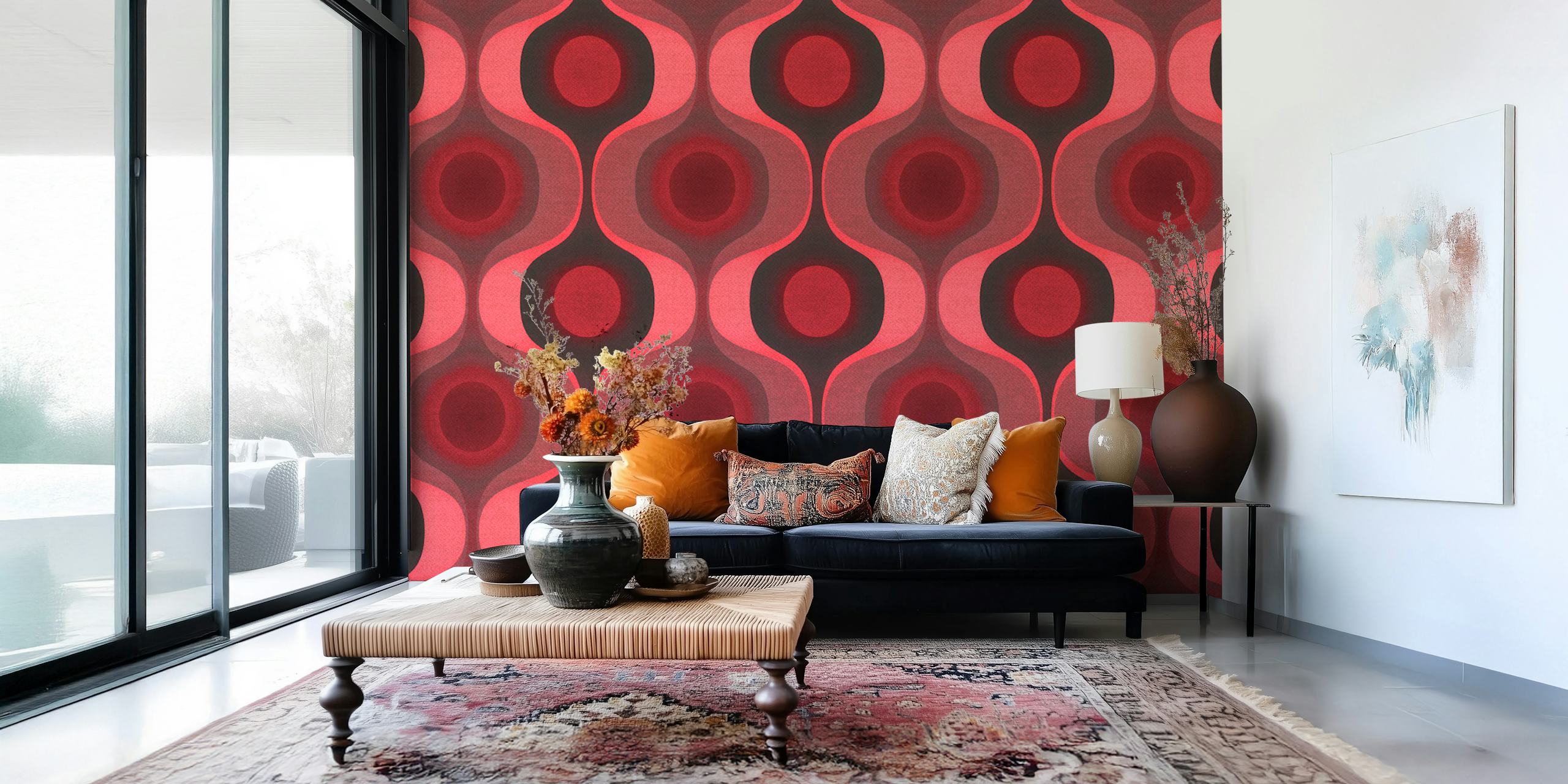 Carta da parati Moody Crimson 70s Groovy Geometry in una stanza