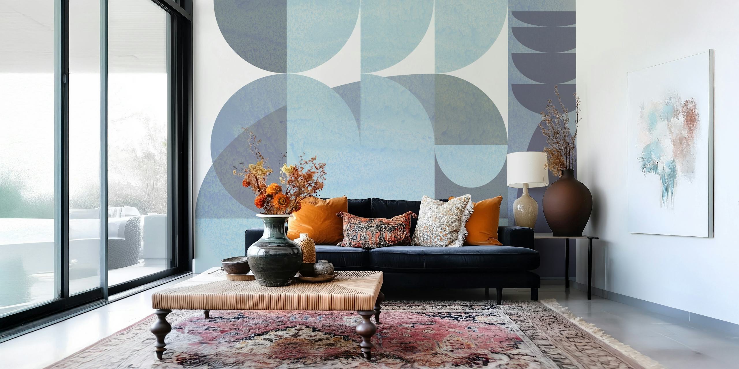 Blue geometric shapes in varying tones and textures wallpaper