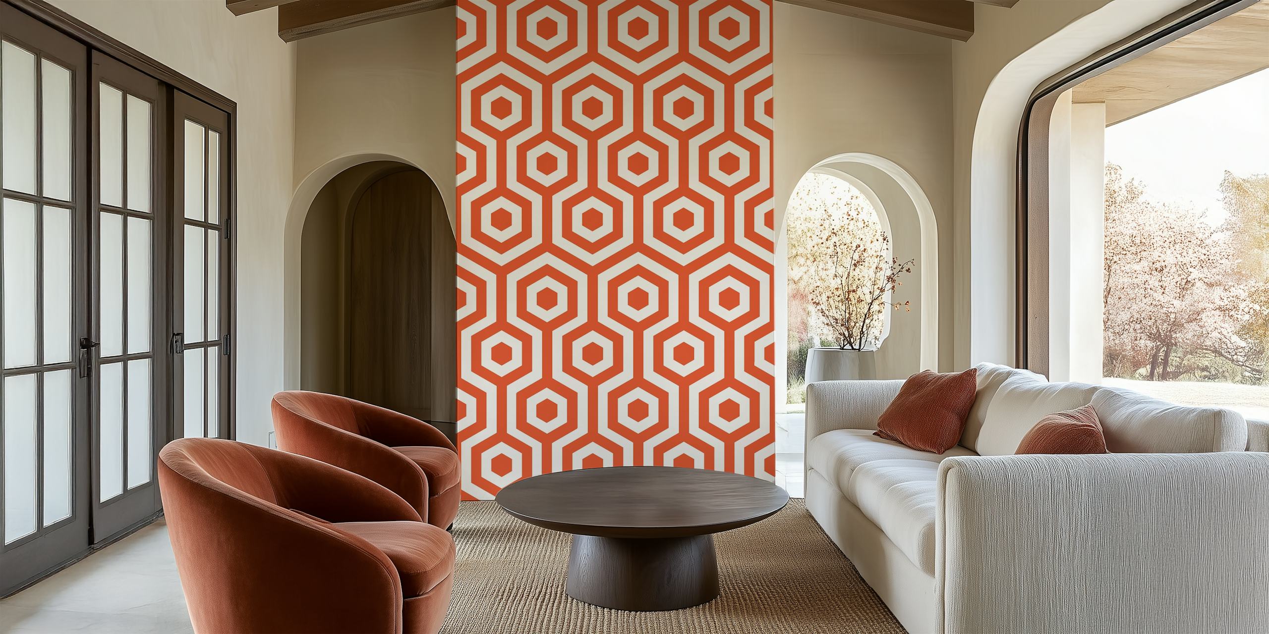 White orange hexagon minimalist wallpaper in a room
