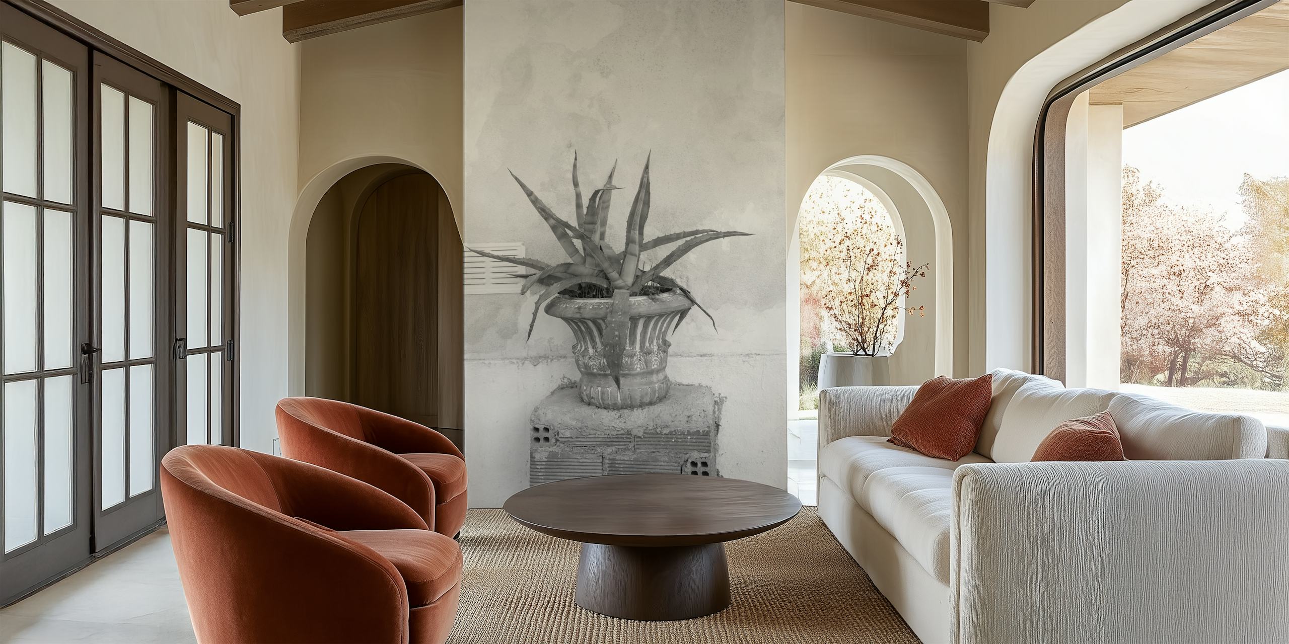 Succulent plant in a pot against a textured wall, black and white wallpaper