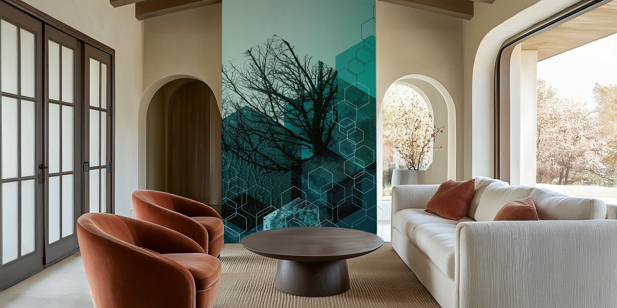 Abstract teal wall mural with a leafless tree and geometric shapes overlay from happywall.com